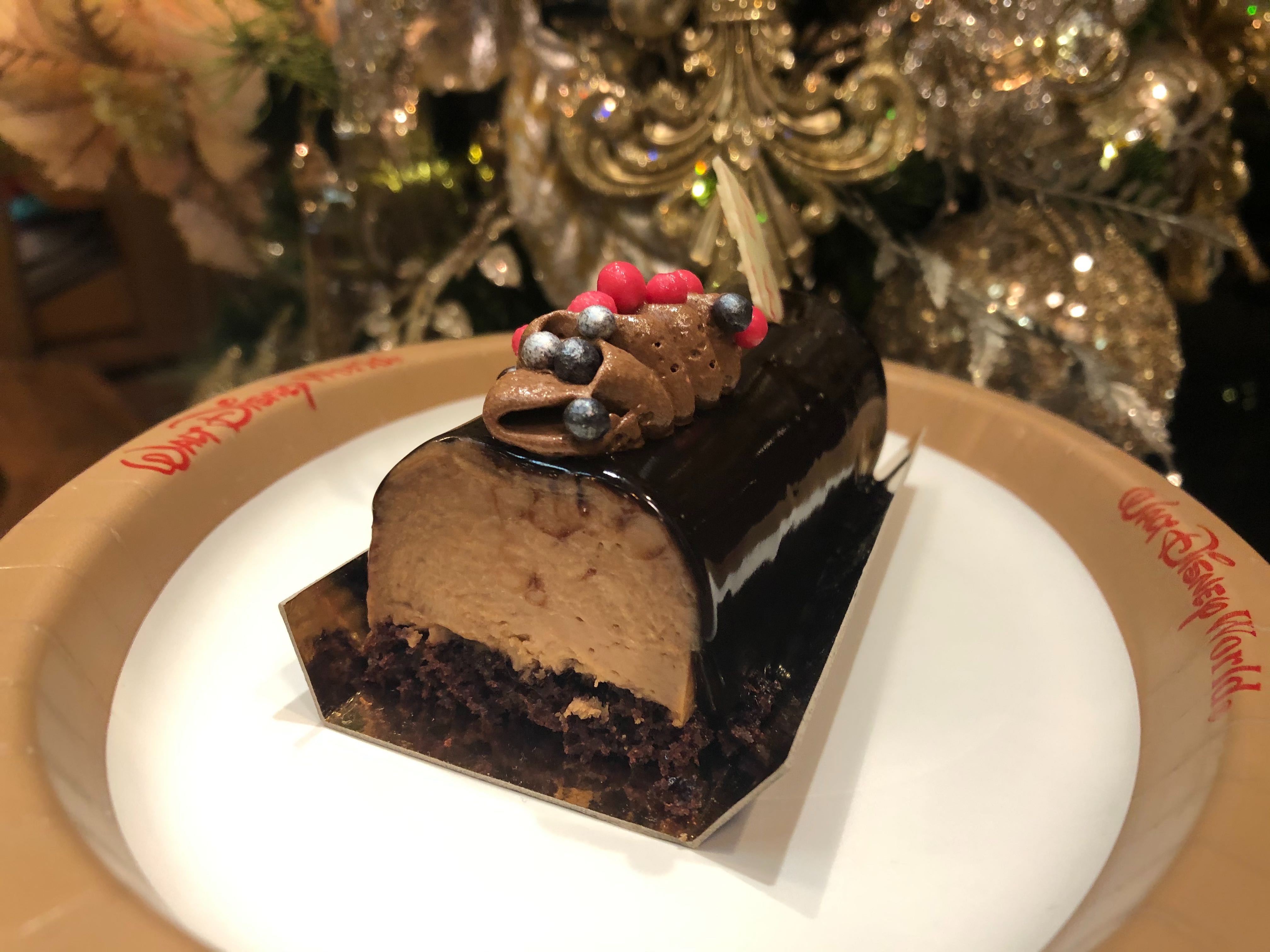 Bûche de Noël au Chocolat: Chocolate Christmas Log with Chocolate Orange Cream Mousse and Chocolate Crunch Biscuit – $6.75