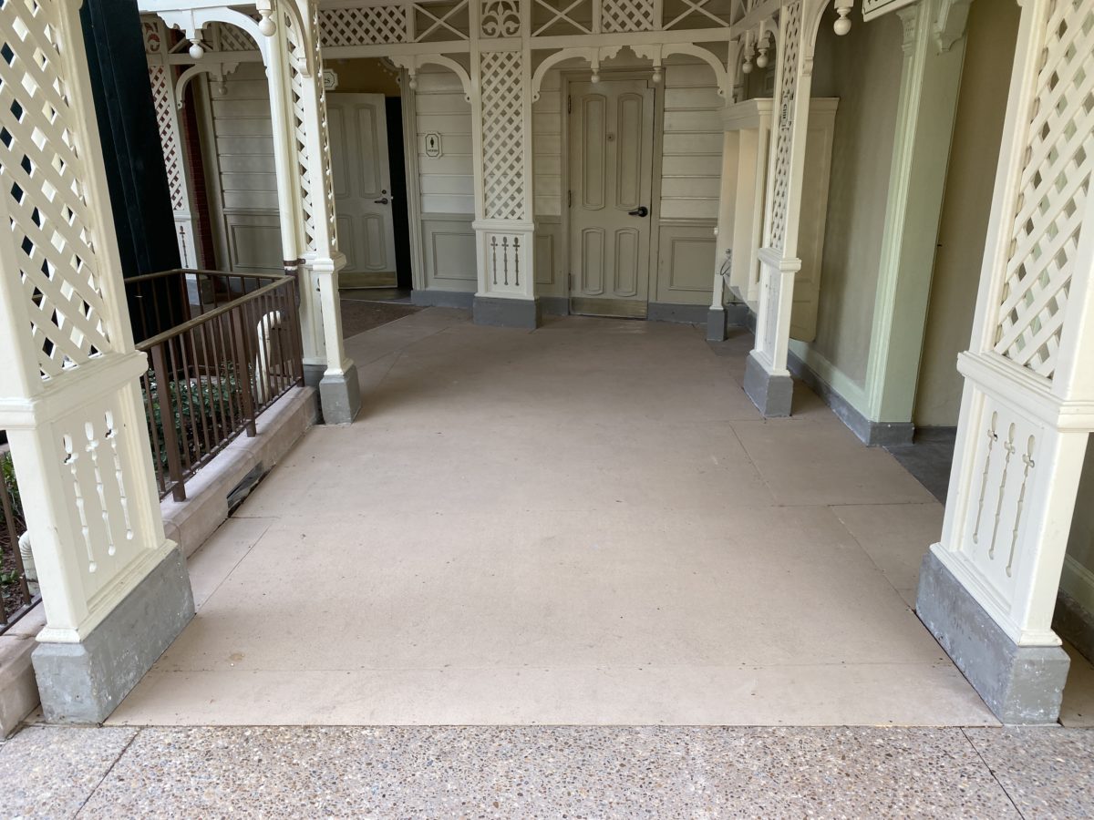PHOTO REPORT: Magic Kingdom 10/29/20 (“Sharing The Magic” Statue Removed, Riverboat Track Exposed, Monorail Blue Returns, New Christmas Merchandise, and More) 6 caseys-corner-restrooms-concrete-half-finished-magic-kingdom-10292020-9006028