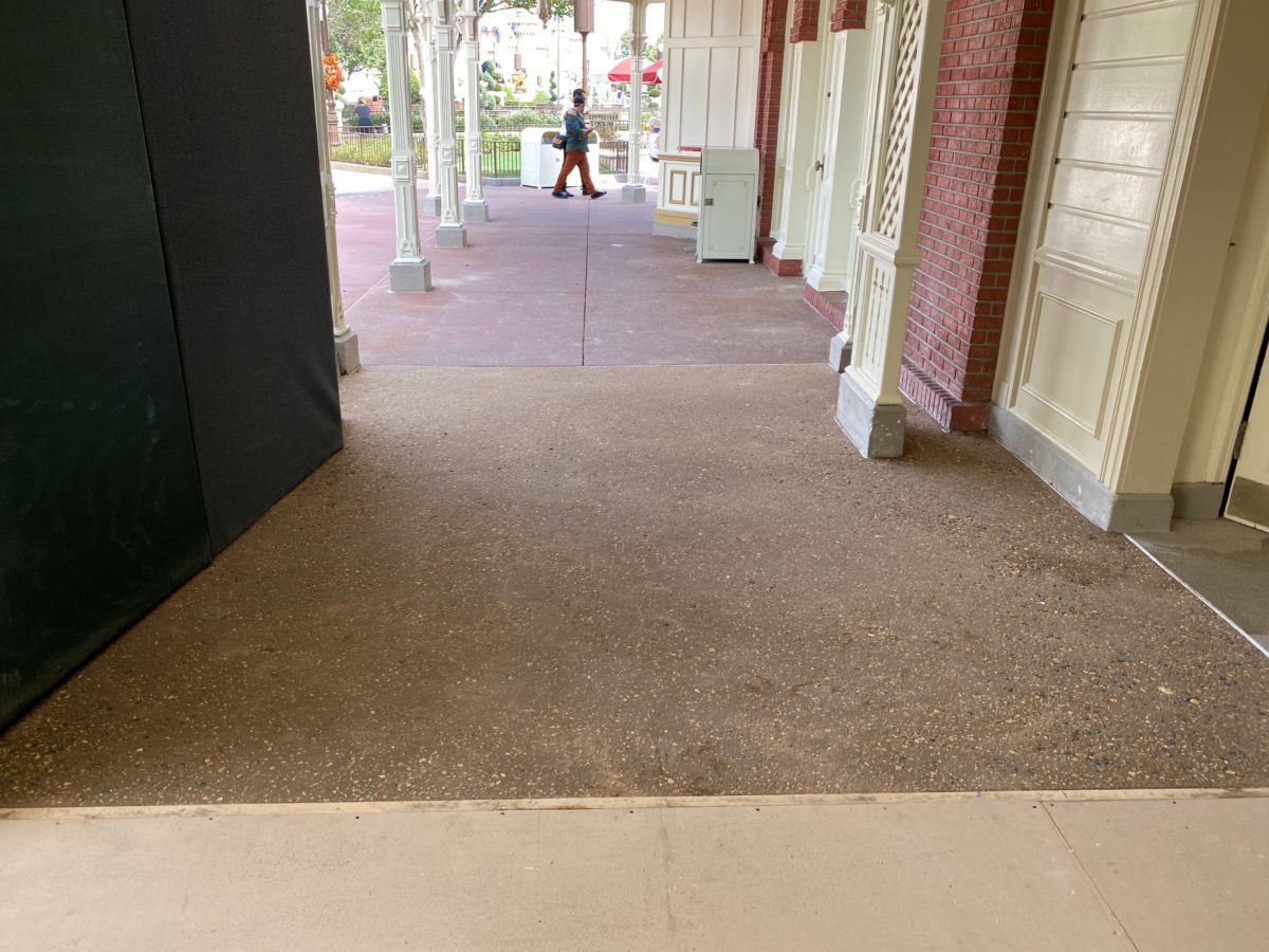 PHOTO REPORT: Magic Kingdom 10/29/20 (“Sharing The Magic” Statue Removed, Riverboat Track Exposed, Monorail Blue Returns, New Christmas Merchandise, and More) 7 caseys-corner-restrooms-new-concrete-magic-kingdom-10292020-8916861