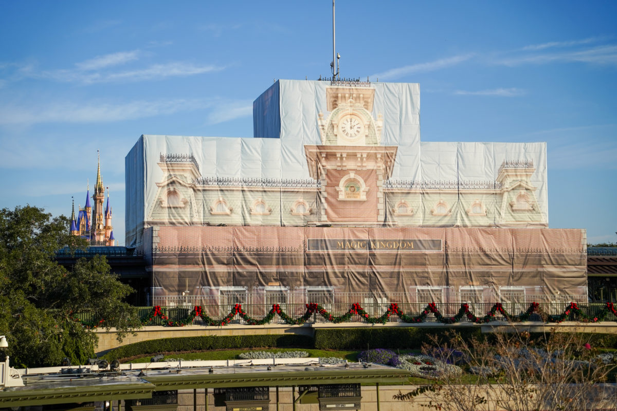 Main Street, U.S.A. Train Station Covered in Scrim with Cinderella Castle in the Background