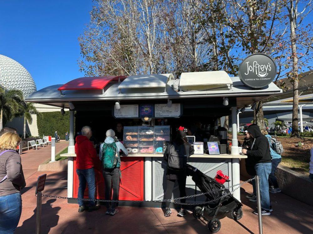 A wide shot of the Joffrey's Coffee kiosk in World Discovery.