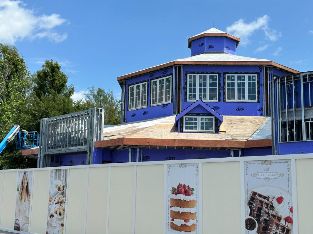 One section of The Cake Bake Shop with exposed plywood and no sheathing.