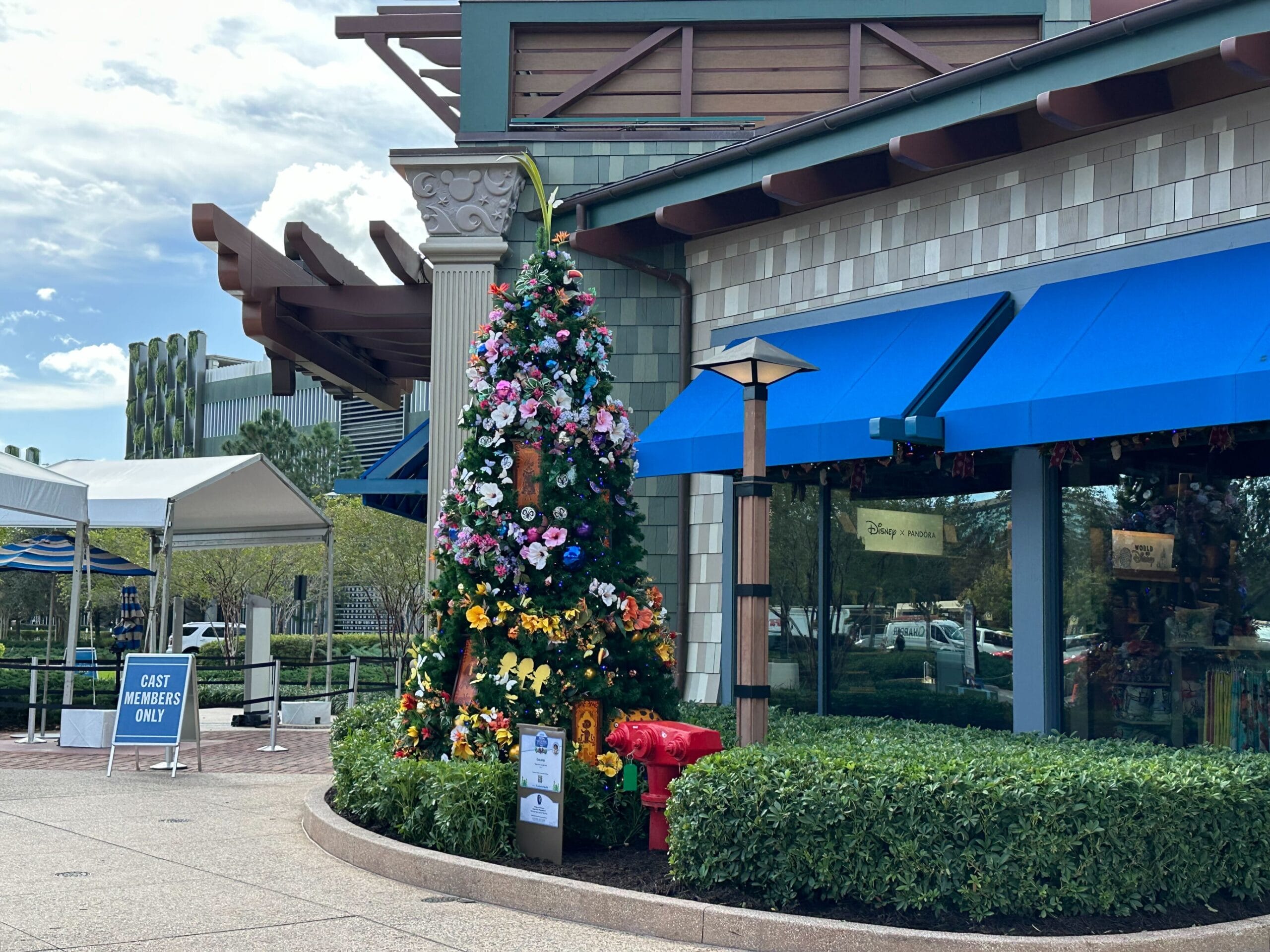 Decorative Christmas tree outside a building with blue awnings, adorned with flowers and ornaments. Nearby is a "Cast Members Only" sign and a fire hydrant.