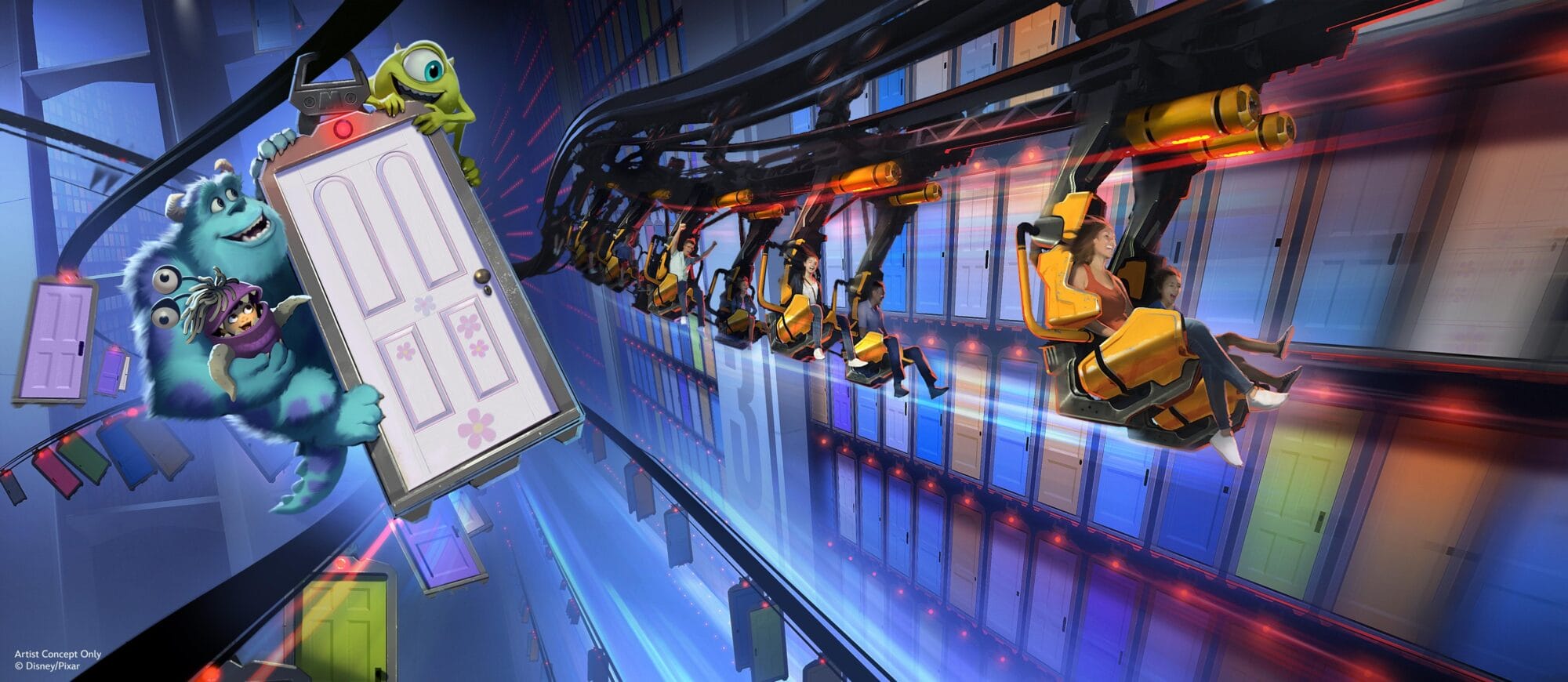 A Disney Parks 2025 addition, this theme park ride features guests in seats suspended on a track amid a vibrant futuristic setting, with animated characters holding doors.