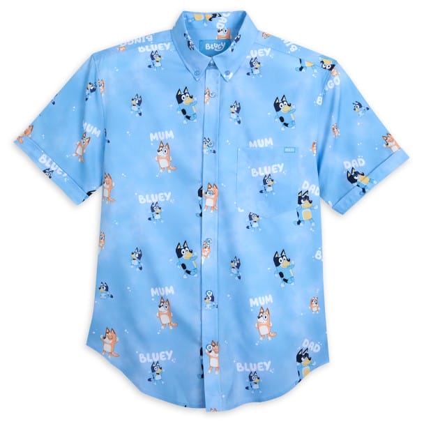 Light blue short-sleeve shirt with "Bluey" cartoon characters and text, featuring Bluey, Mum, and Dad illustrations.