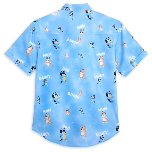 A light blue short-sleeve shirt featuring cartoon characters and names like "Mum," "Dad," "Bingo," and "Bluey" in a playful pattern.