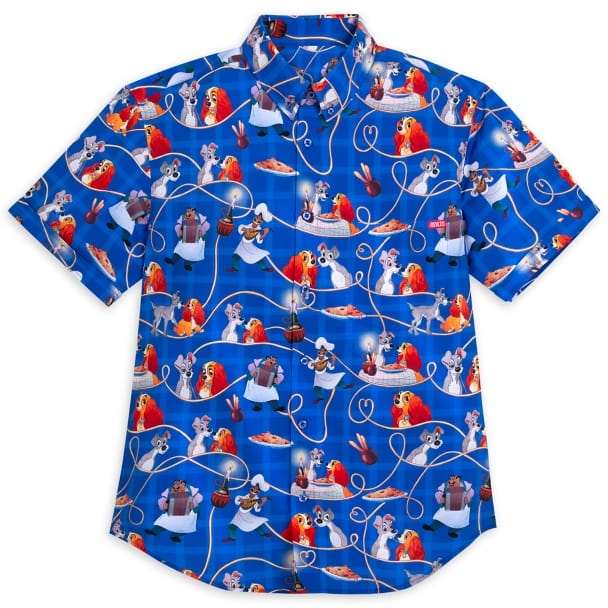 Blue button-up shirt featuring a pattern of animated dogs, food items, and hearts connected by white lines.