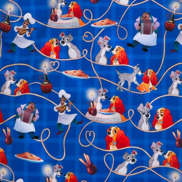 Pattern featuring animated dogs sharing spaghetti, chefs with plates, candles, and red tablecloths on a blue checkered background.
