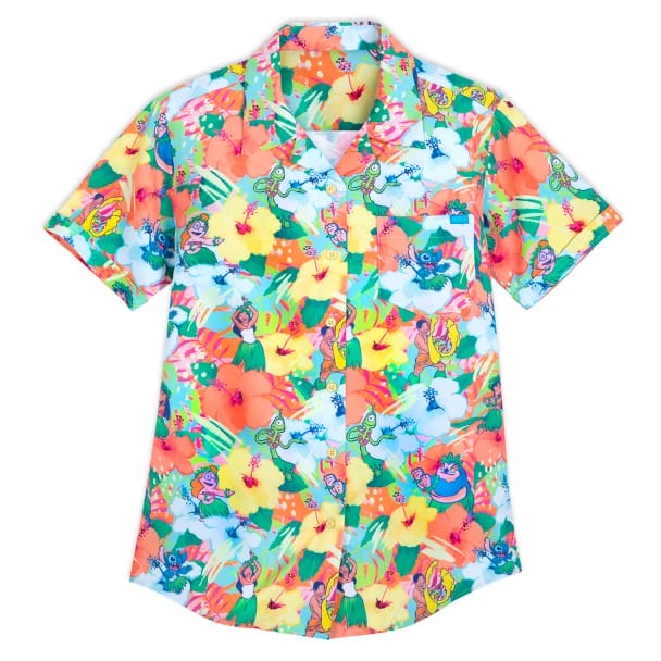 Colorful short-sleeve shirt with a print of large flowers and cartoon characters in various bright hues.