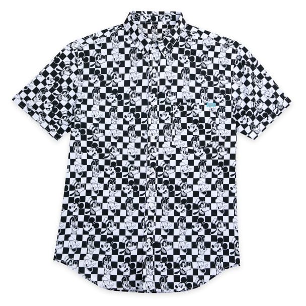 Short-sleeve button-up shirt with a black and white checkered pattern featuring abstract designs.