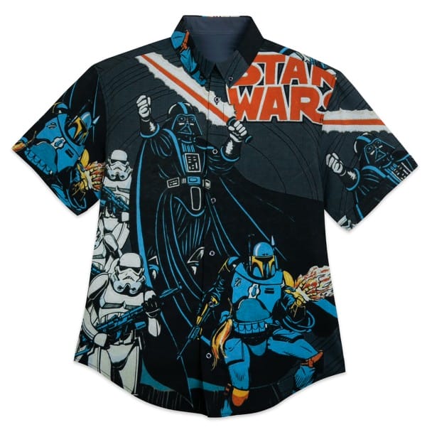 Short-sleeved button-up shirt featuring Star Wars characters and logo in black, blue, and orange.