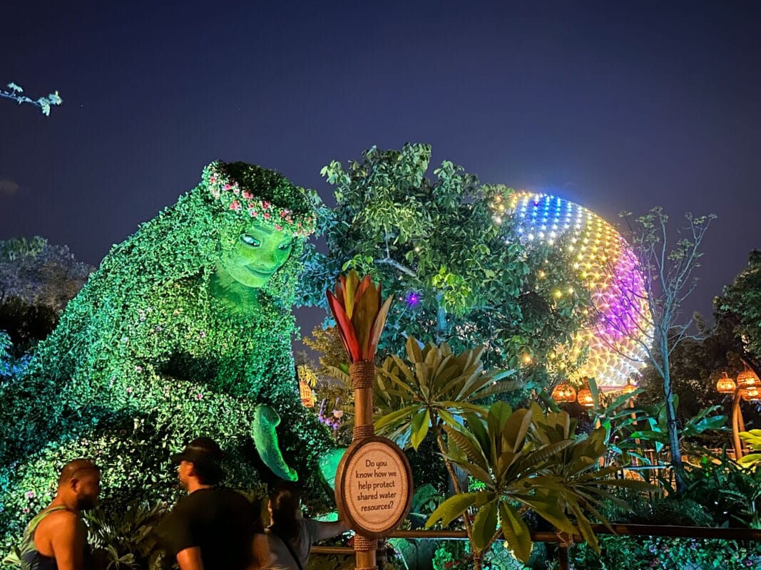 A large, leafy Moana topiary glows at night near colorful lights on the Journey of Water trail in the theme park.