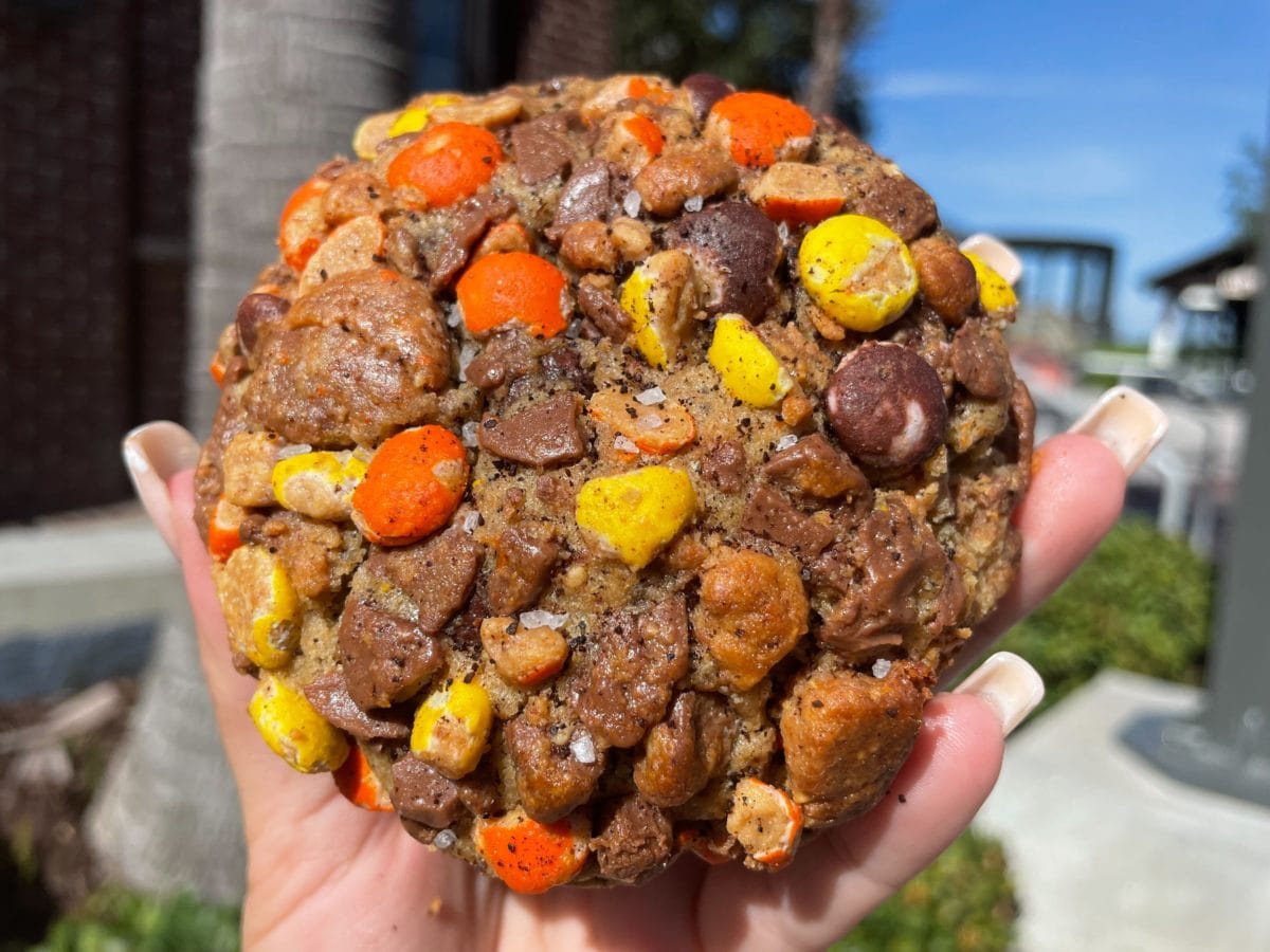 A close-up of a hand holding a delightful Peanut Butter Cold Brew Cookie from Gideon's Bakehouse, adorned with vibrant candy pieces in orange, yellow, and brown, glistens under the sun's embrace.