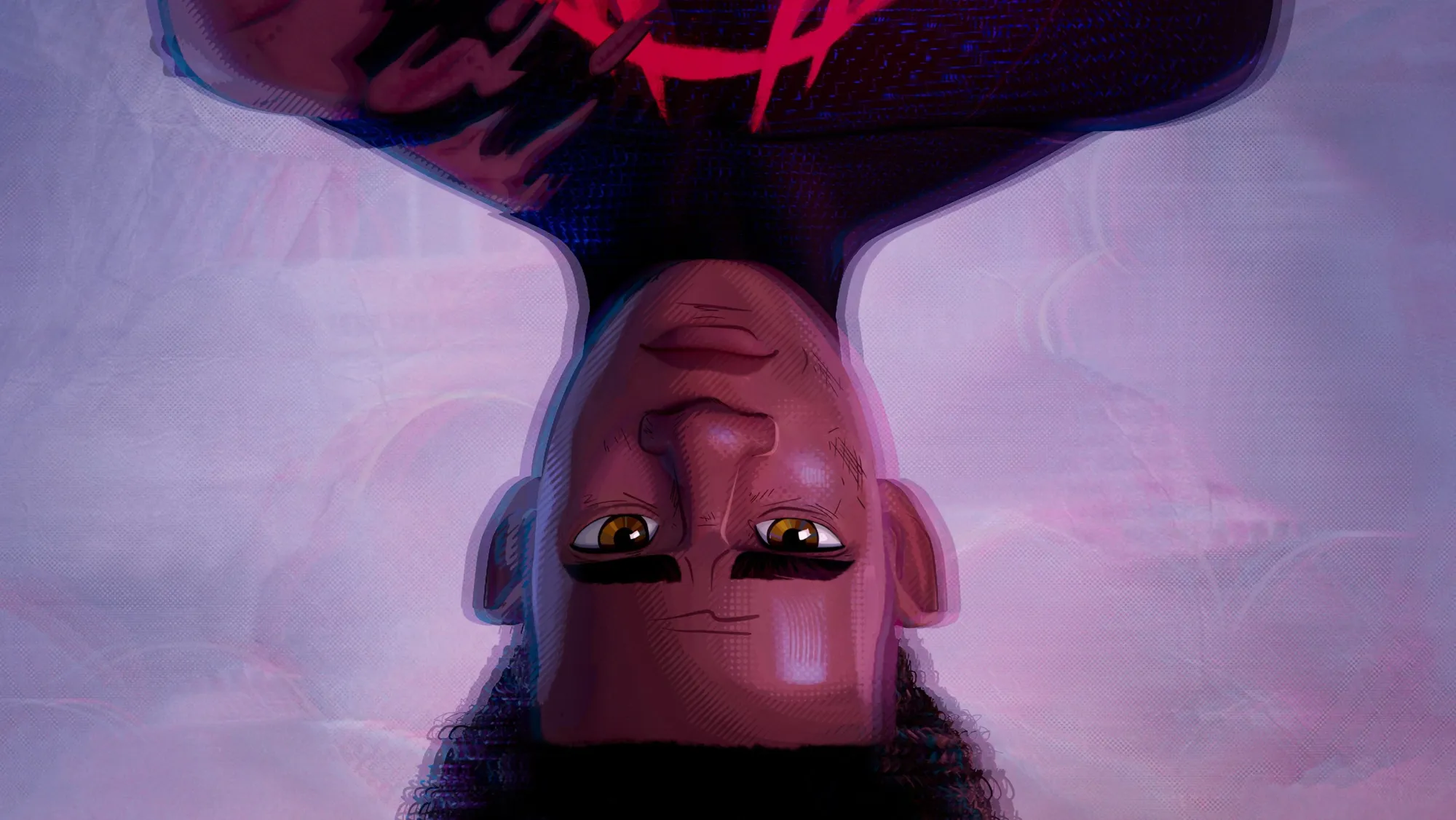 An upside-down view of an animated character with short hair and large eyes, evoking the dynamic style of the Spider-Verse, gazes directly at you against a blurred backdrop.