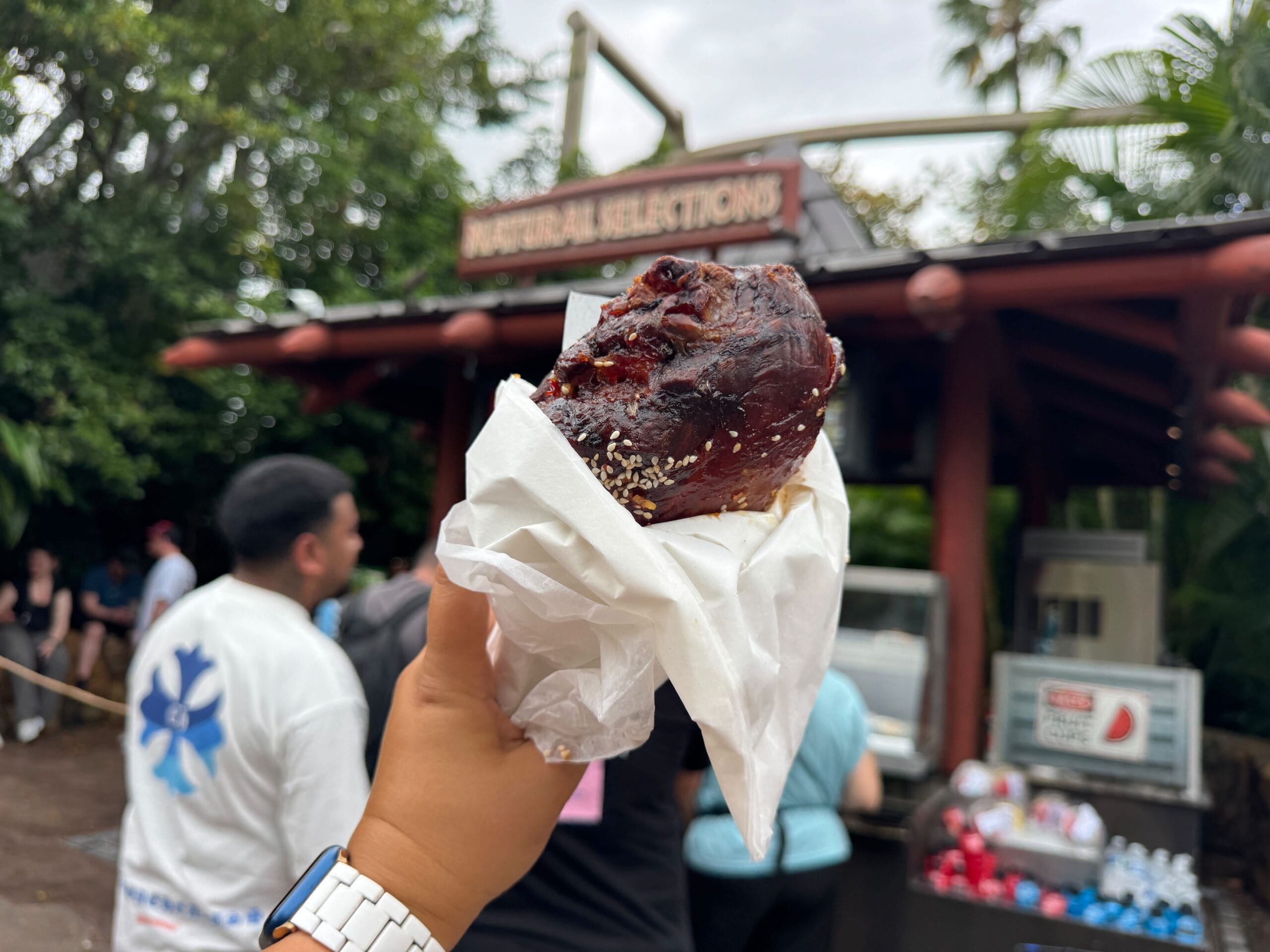 A hand holds a large roasted turkey leg wrapped in paper, with a food stand and people queuing in the background.