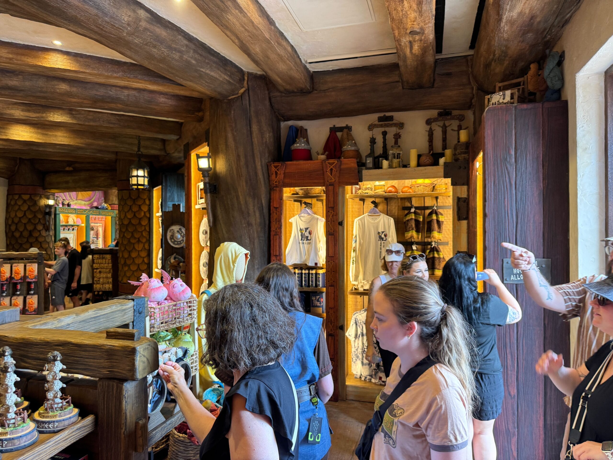 Guests browse Viking Traders, an Isle of Berk park shop with timber beams, themed decor, and exclusive merchandise inspired by Vikings.