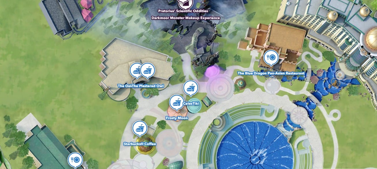 Theme park map with labeled spots: The Oak & Star Tavern, cafes, and attractions arranged along circular walkways.
