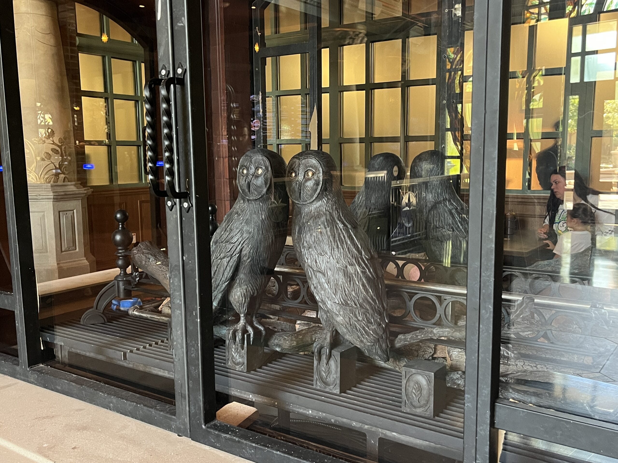 Four black owl sculptures behind glass at The Oak & Star Tavern lobby; reflections in the glass, no Disney castle visible here.