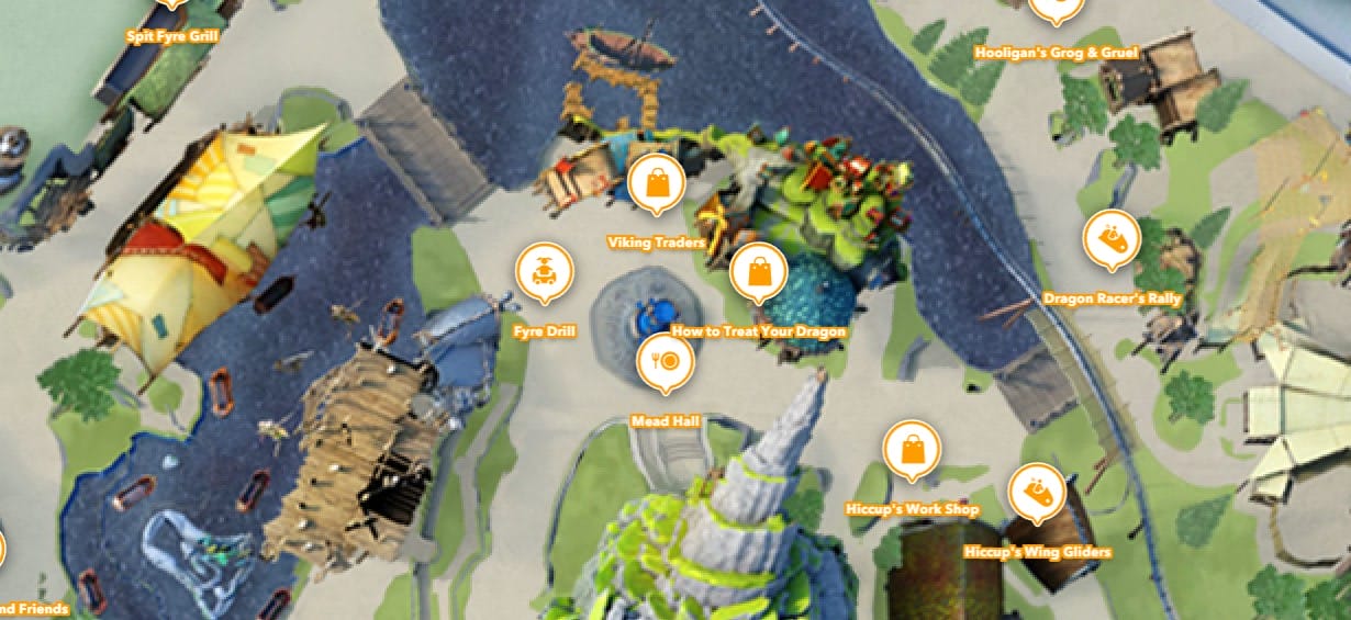 Theme park map shows Viking Traders, Mead Hall, and How to Train Your Dragon ride at How to Train Your Dragon - Isle of Berk.