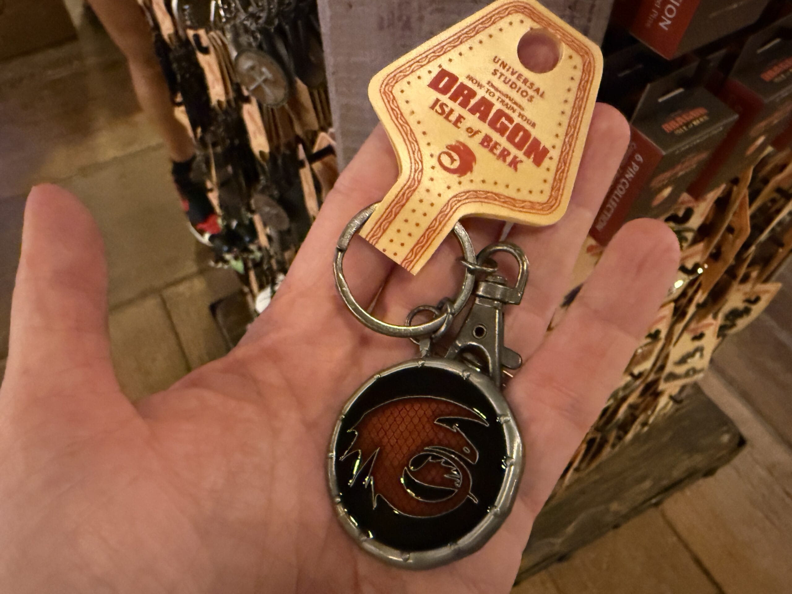 Hand holding a Dragon: Isle of Berk keychain from Viking Traders, featuring a dragon emblem and Universal Studios tag.