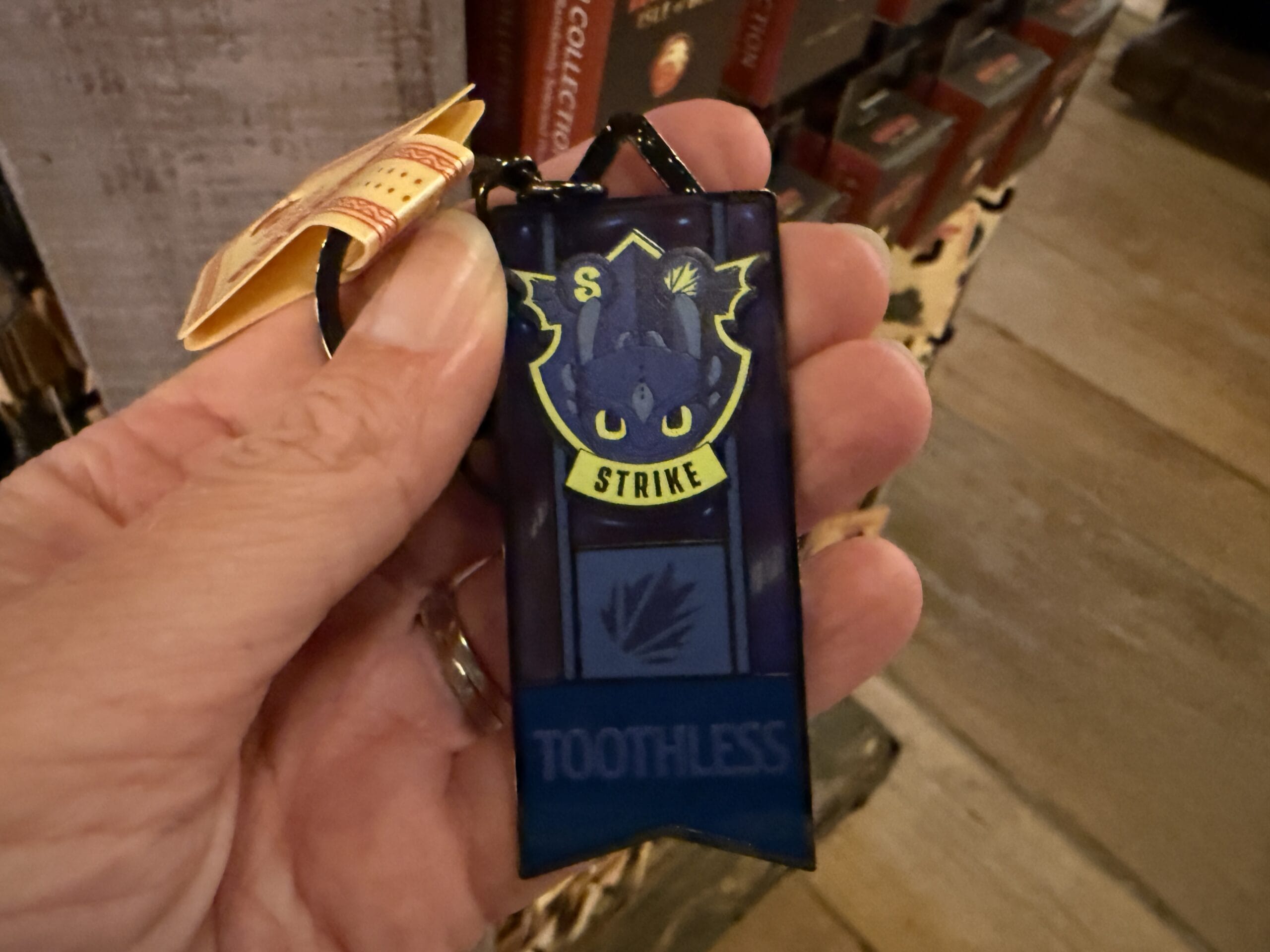 A hand holds a blue Toothless keychain with a "Strike" badge from Hiccup's Work Shop.