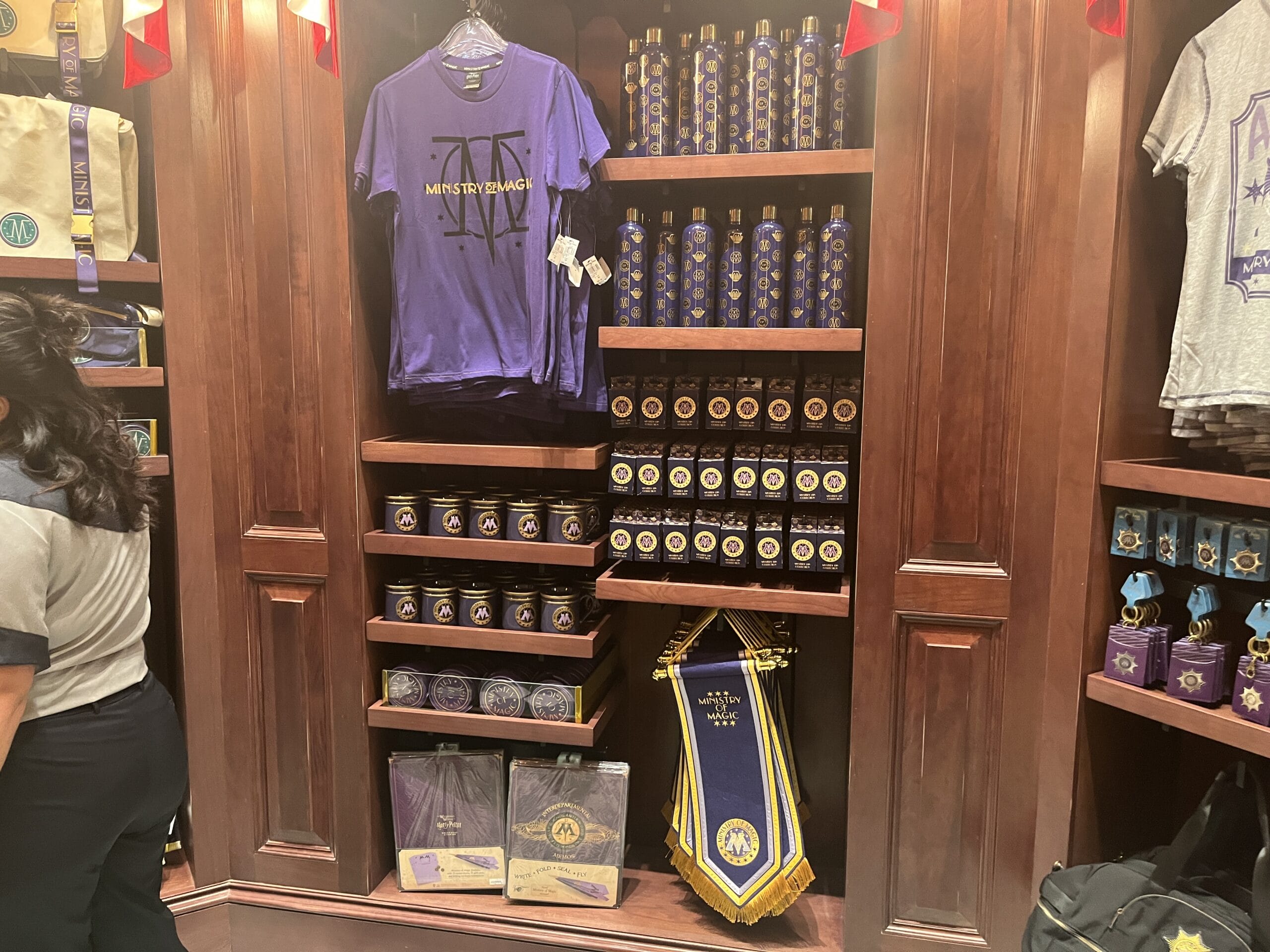 Shelves display Wizarding World of Harry Potter merchandise—Ministry Exams shirts, mugs, and a blue and gold banner in a wooden store.
