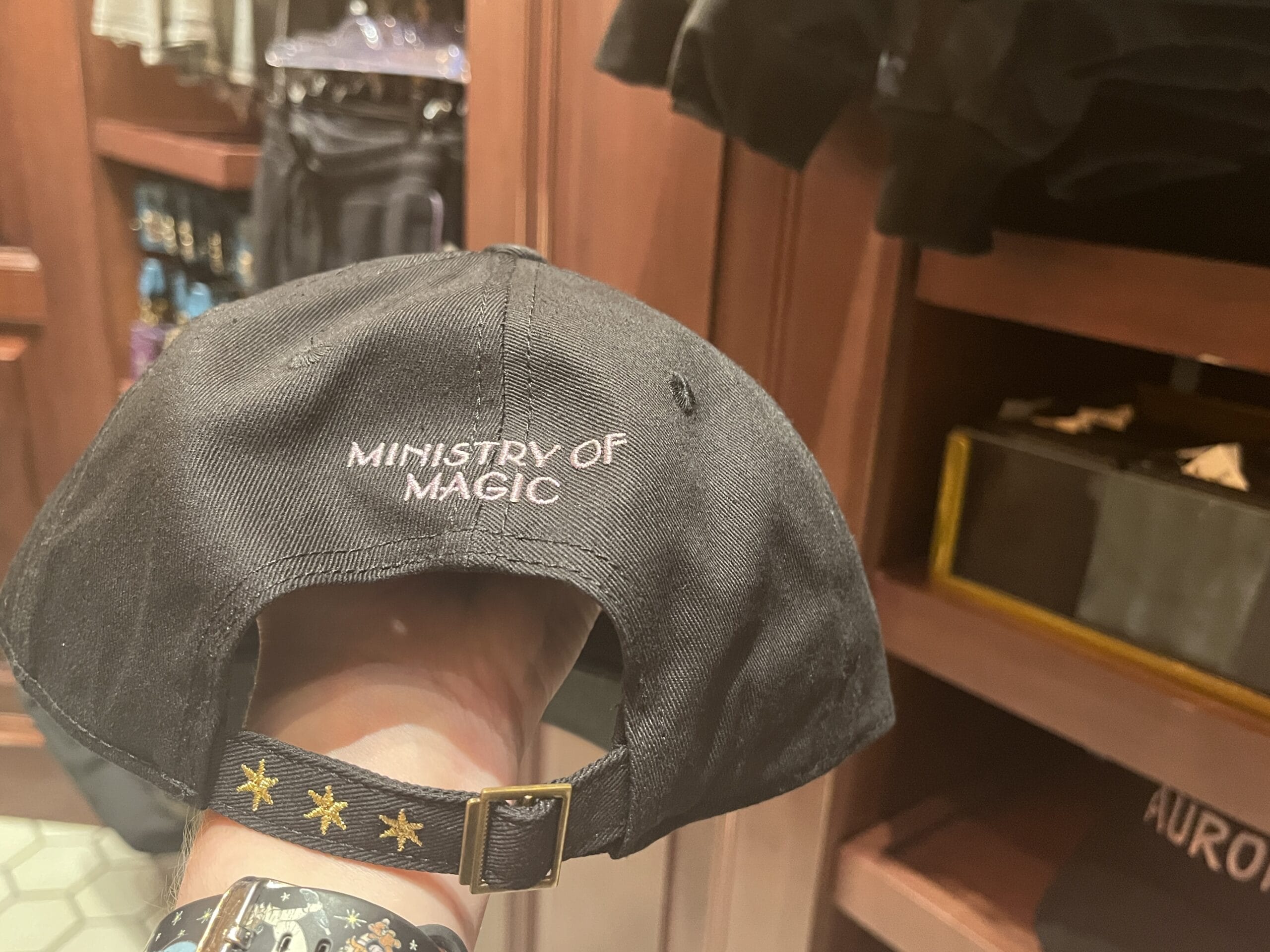 A hand holds a black cap with "MINISTRY OF MAGIC"—a Wizarding World of Harry Potter merchandise collectible.