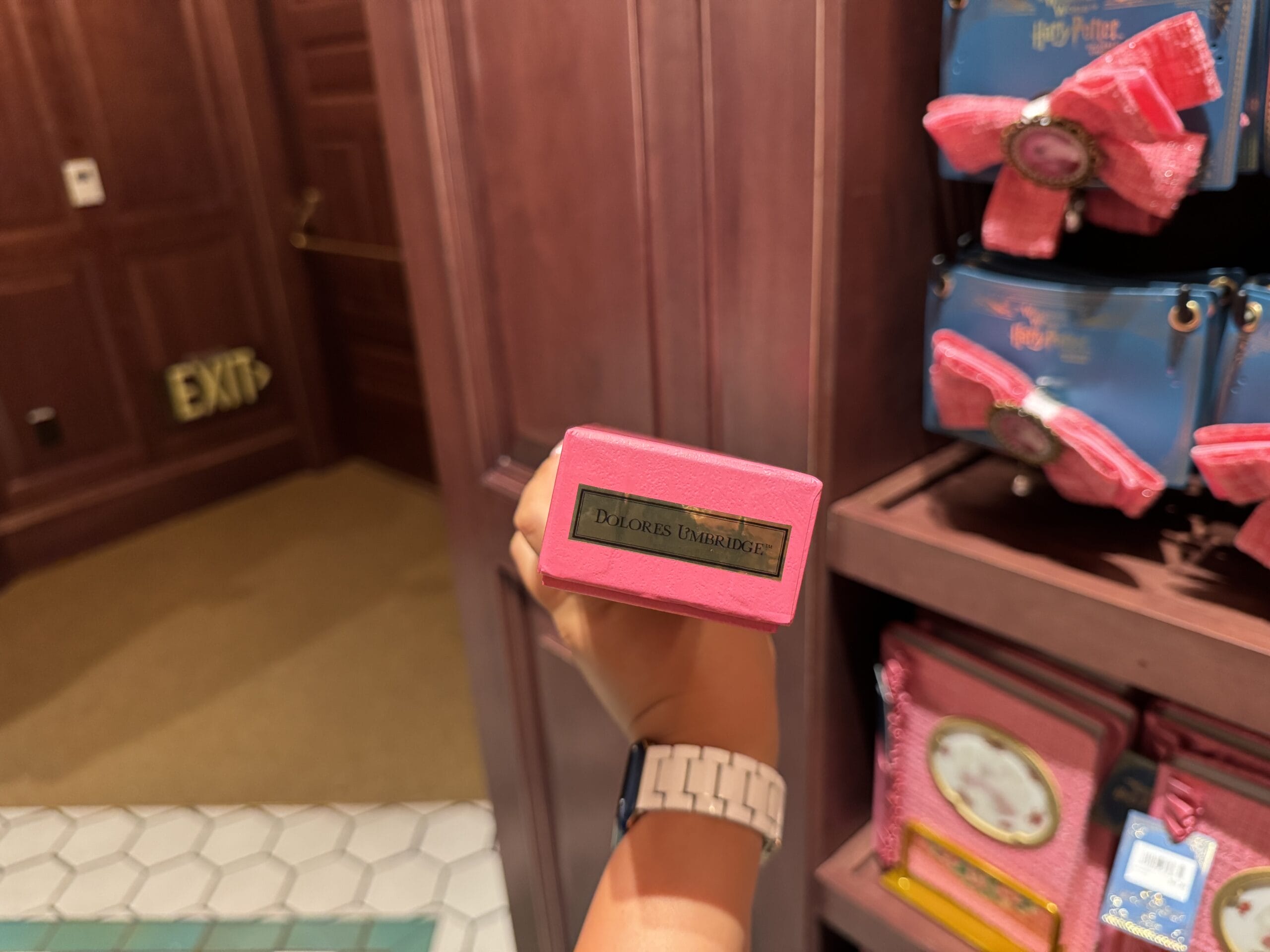 A hand holds a pink "Dolores Umbridge" box in a store filled with Wizarding World of Harry Potter merchandise.
