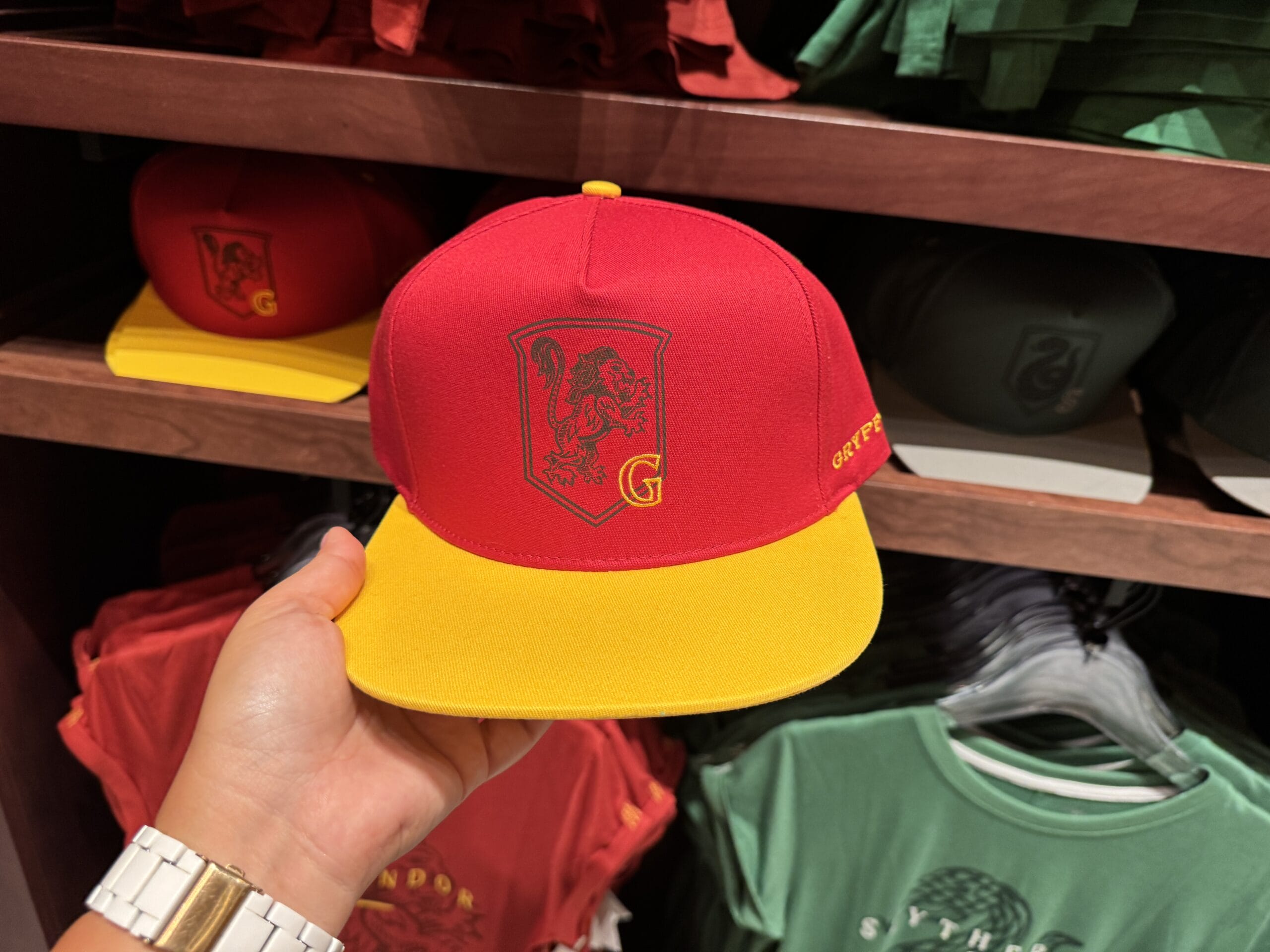 A hand holds a Gryffindor cap with a lion crest, surrounded by Wizarding World of Harry Potter merchandise in-store.