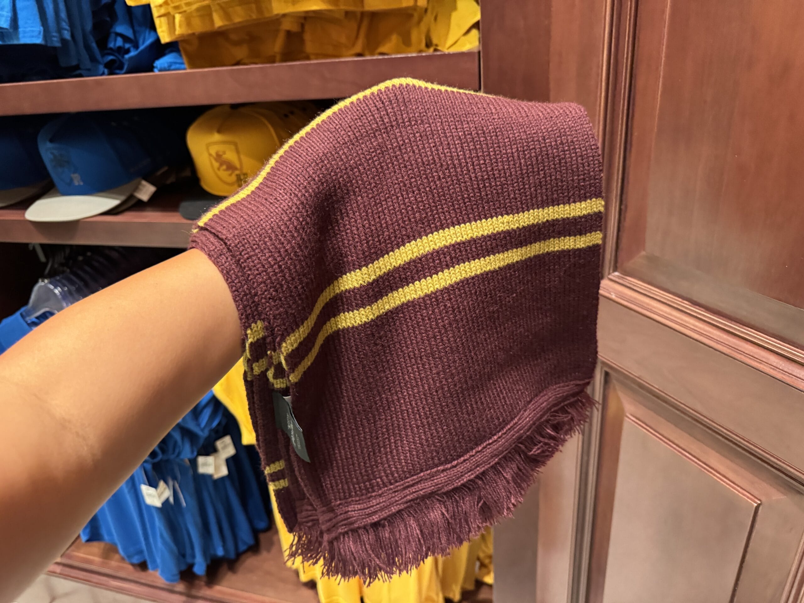 A hand holds a maroon scarf with yellow stripes—Wizarding World Harry Potter merchandise—surrounded by shirts and hats.