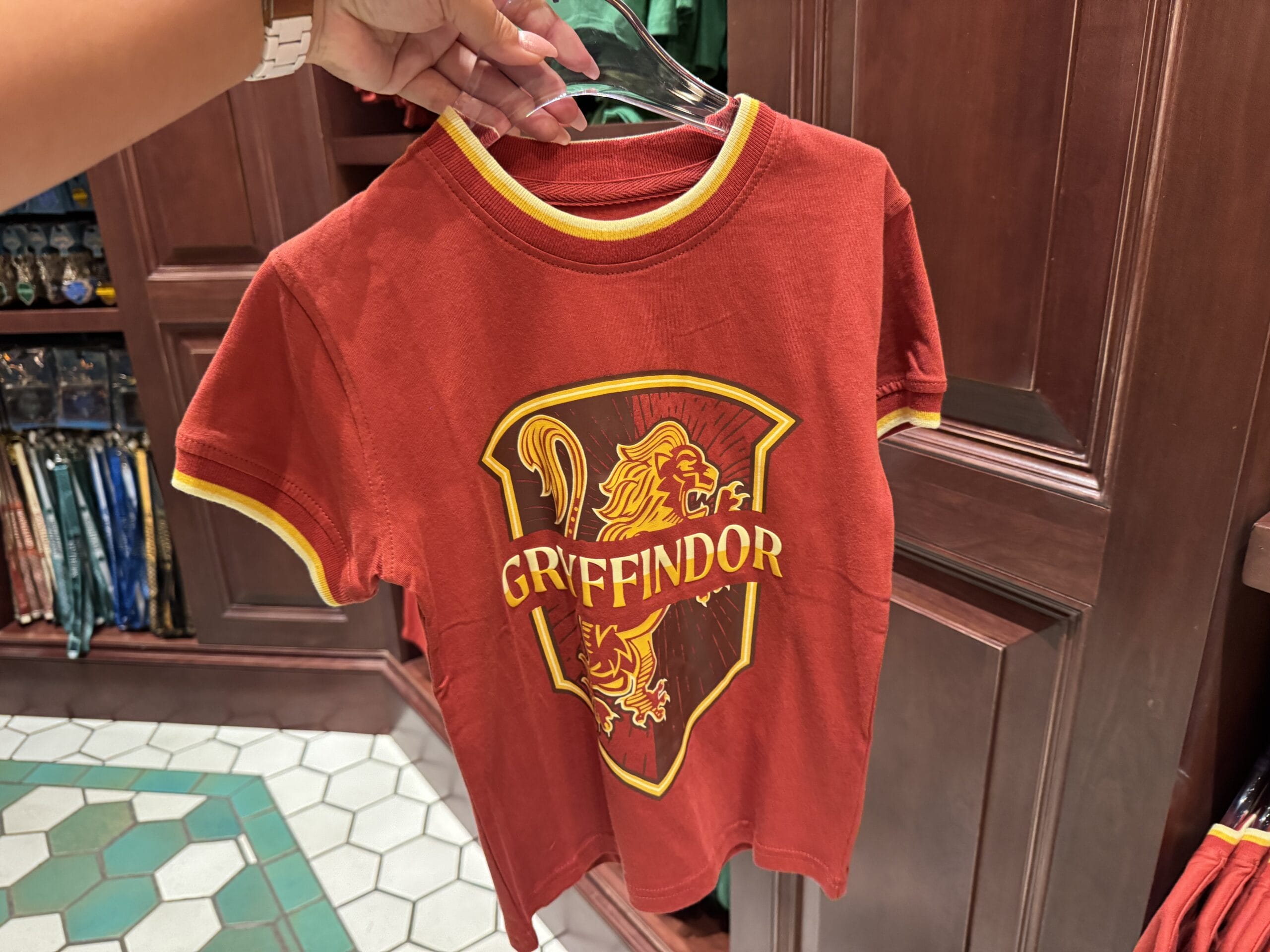 A hand holds a red Gryffindor t-shirt with a lion crest in the Wizarding World of Harry Potter store.