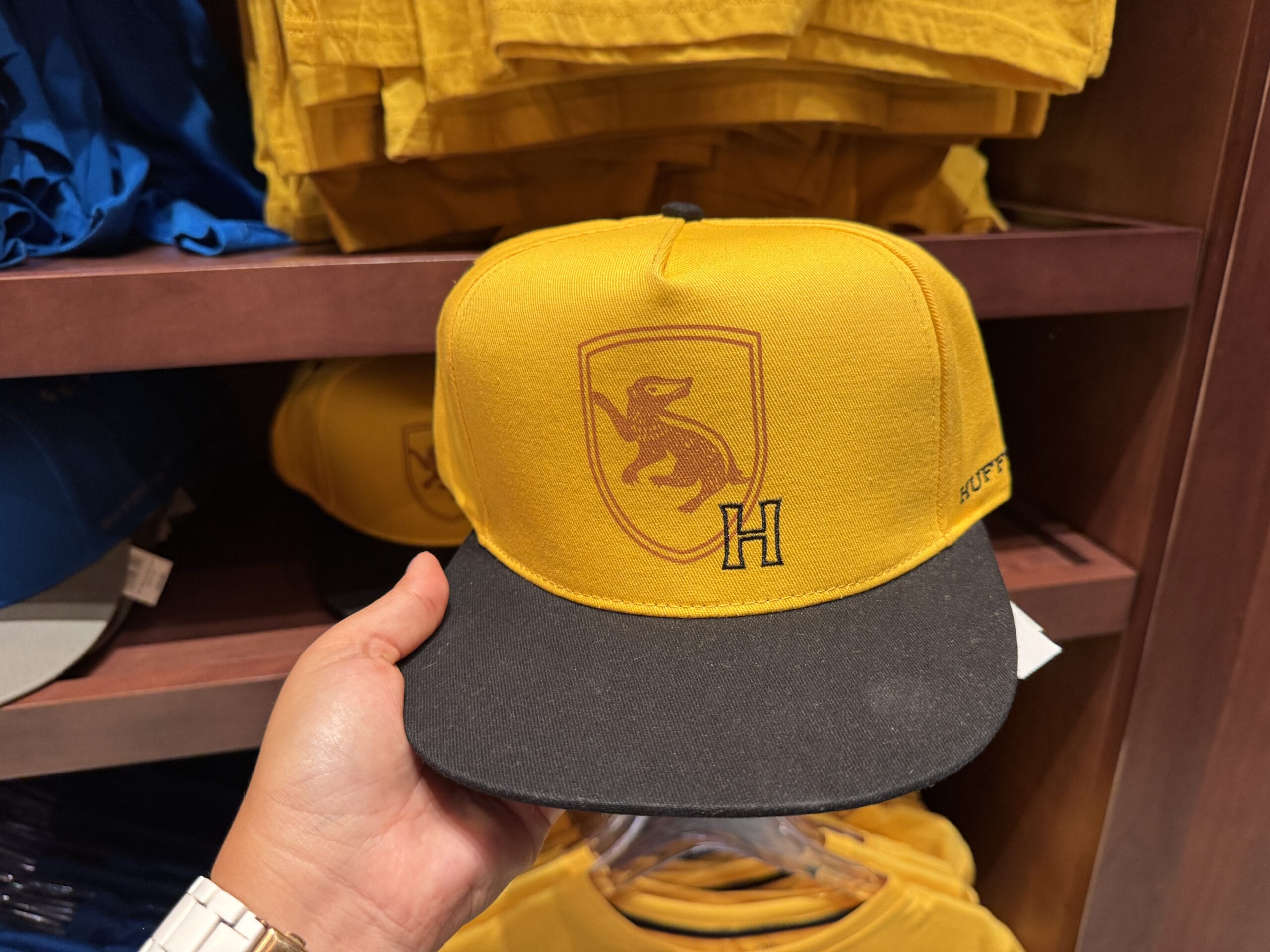 A hand holds a yellow and black cap with an H, a badger emblem, and Wizarding World of Harry Potter merchandise nearby.