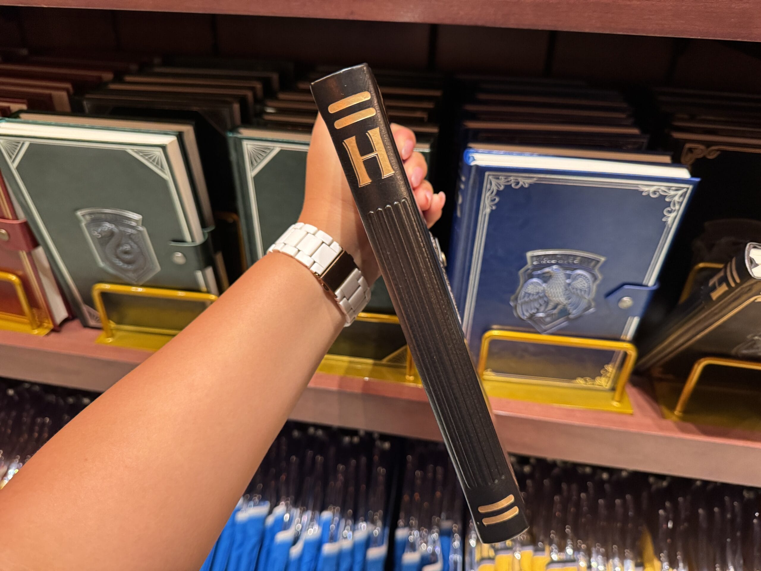 A person holds Wizarding World of Harry Potter merchandise—a black book with a gold “H”—in front of shelves of books.