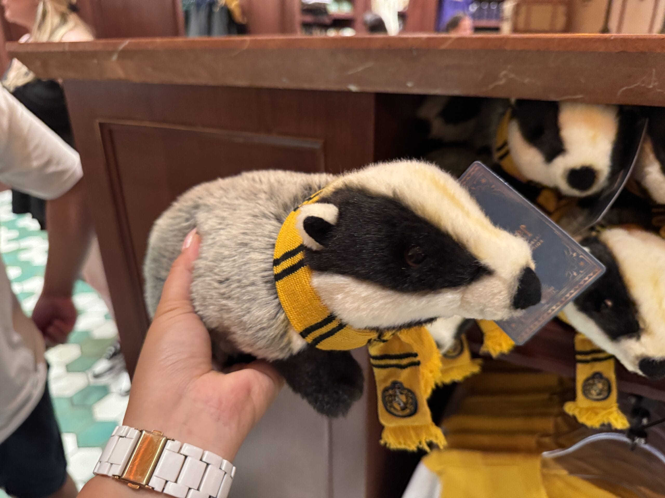 A hand holds Wizarding World Harry Potter merchandise—a plush badger in a scarf—near a display shelf.