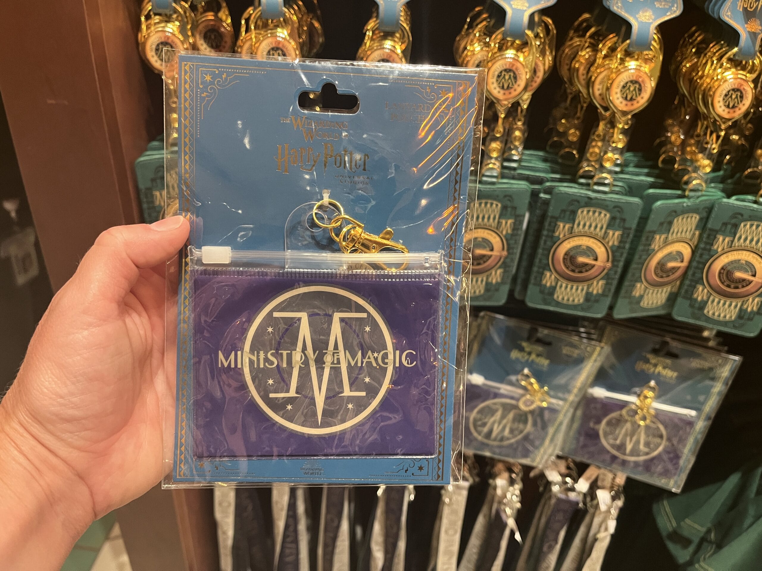 A hand holds a purple Wizarding World of Harry Potter coin purse, surrounded by themed merchandise on display.