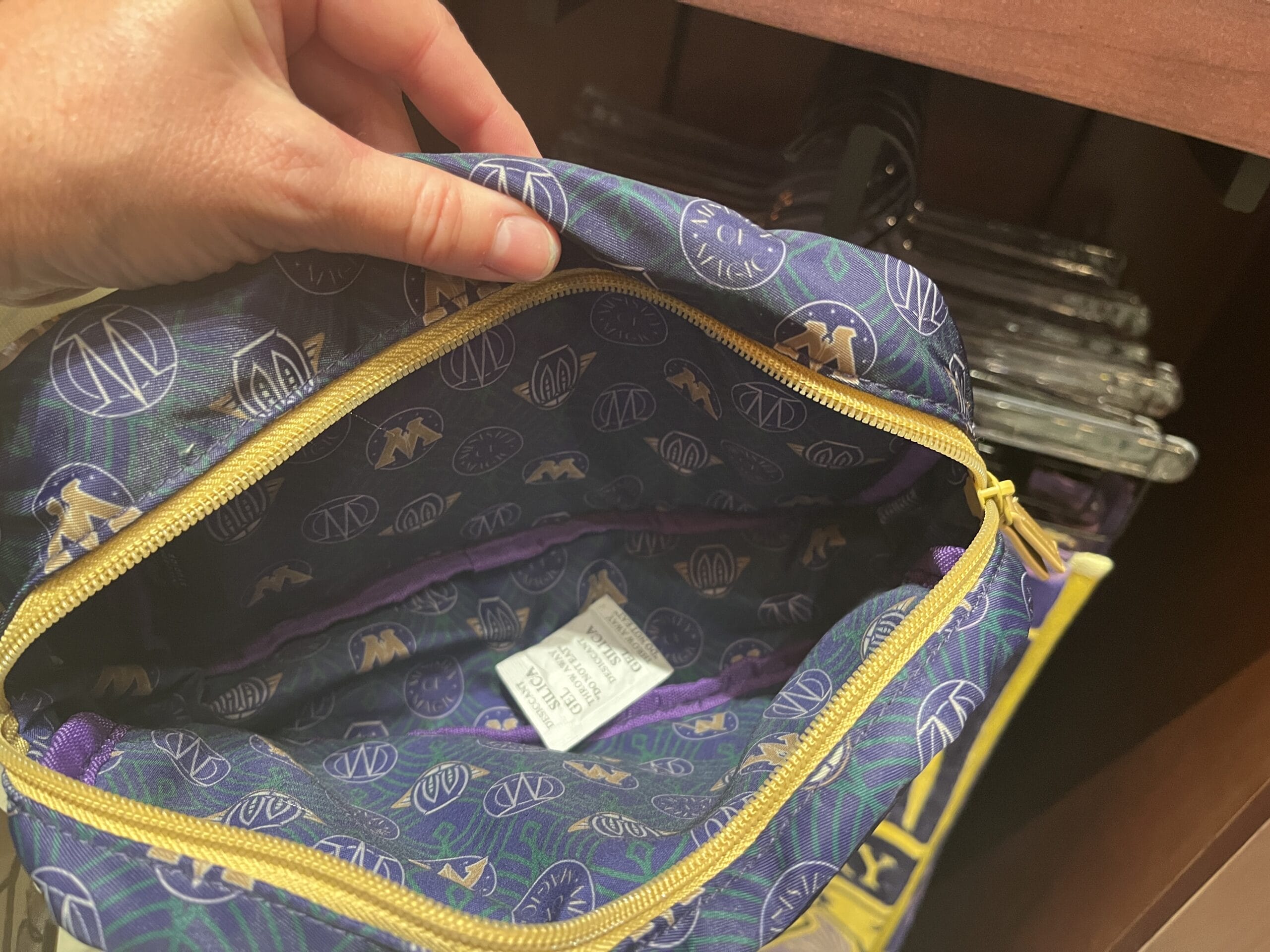A hand holds open a small zippered bag featuring Epic Universe colors and a white Wizarding World of Harry Potter tag inside.