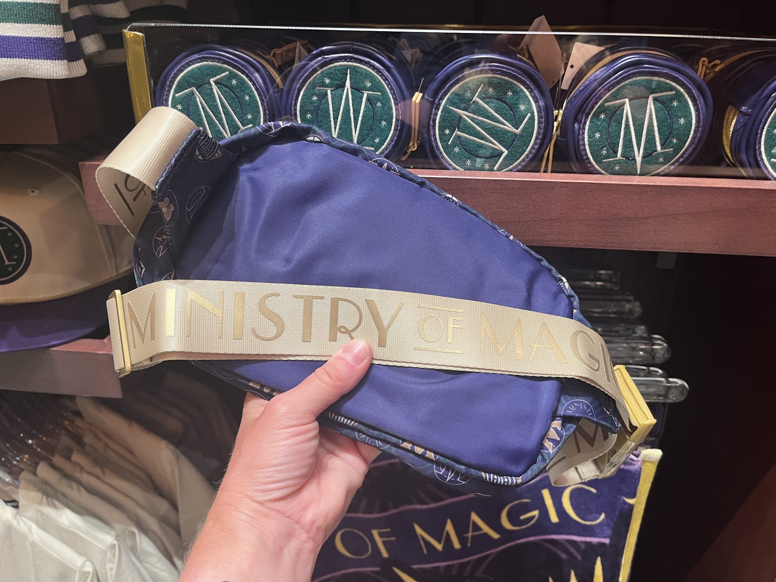 A hand holds a blue bag with a beige strap reading "MINISTRY OF MAGIC"—perfect Harry Potter merchandise for any fan.