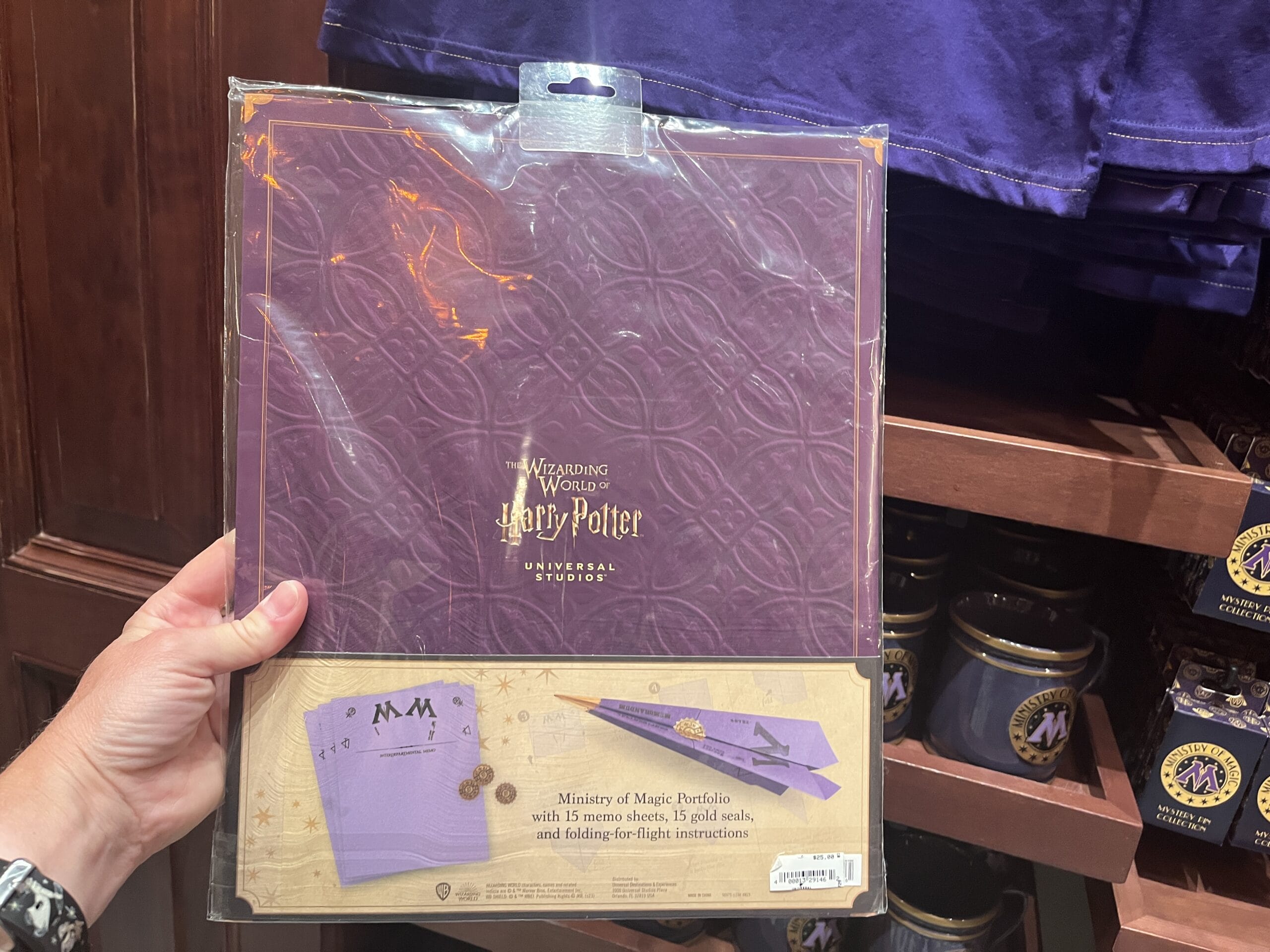 Hand holding a purple Ministry of Magic portfolio, exclusive Wizarding World merchandise at Universal Studios.