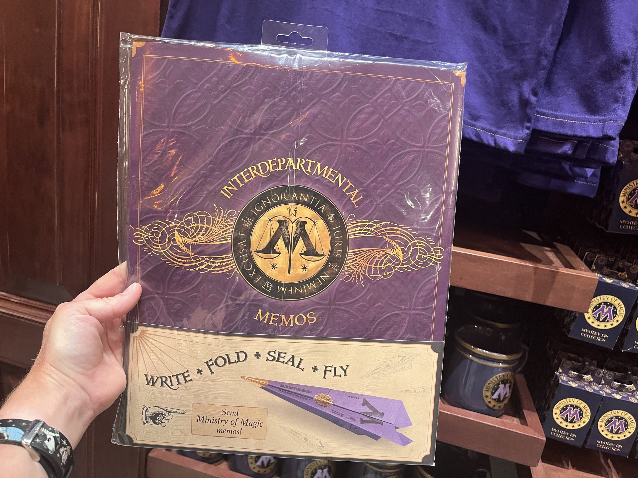 A hand holds a purple "Interdepartmental Memos" folder, a whimsical piece of Wizarding World merchandise.