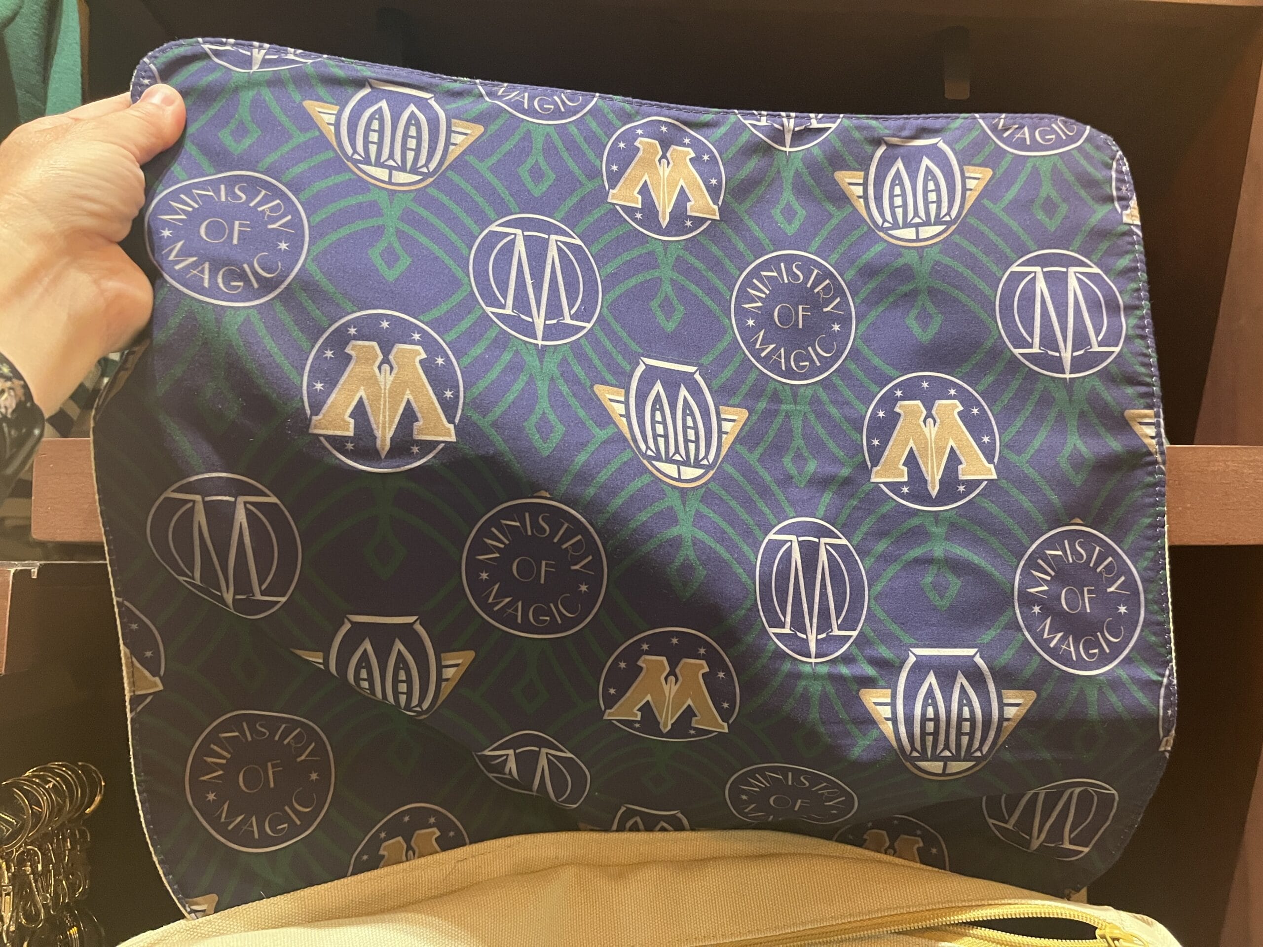 A hand holds a blue cloth printed with Ministry of Magic logos, perfect Harry Potter merchandise for Tour En Floo adventures.