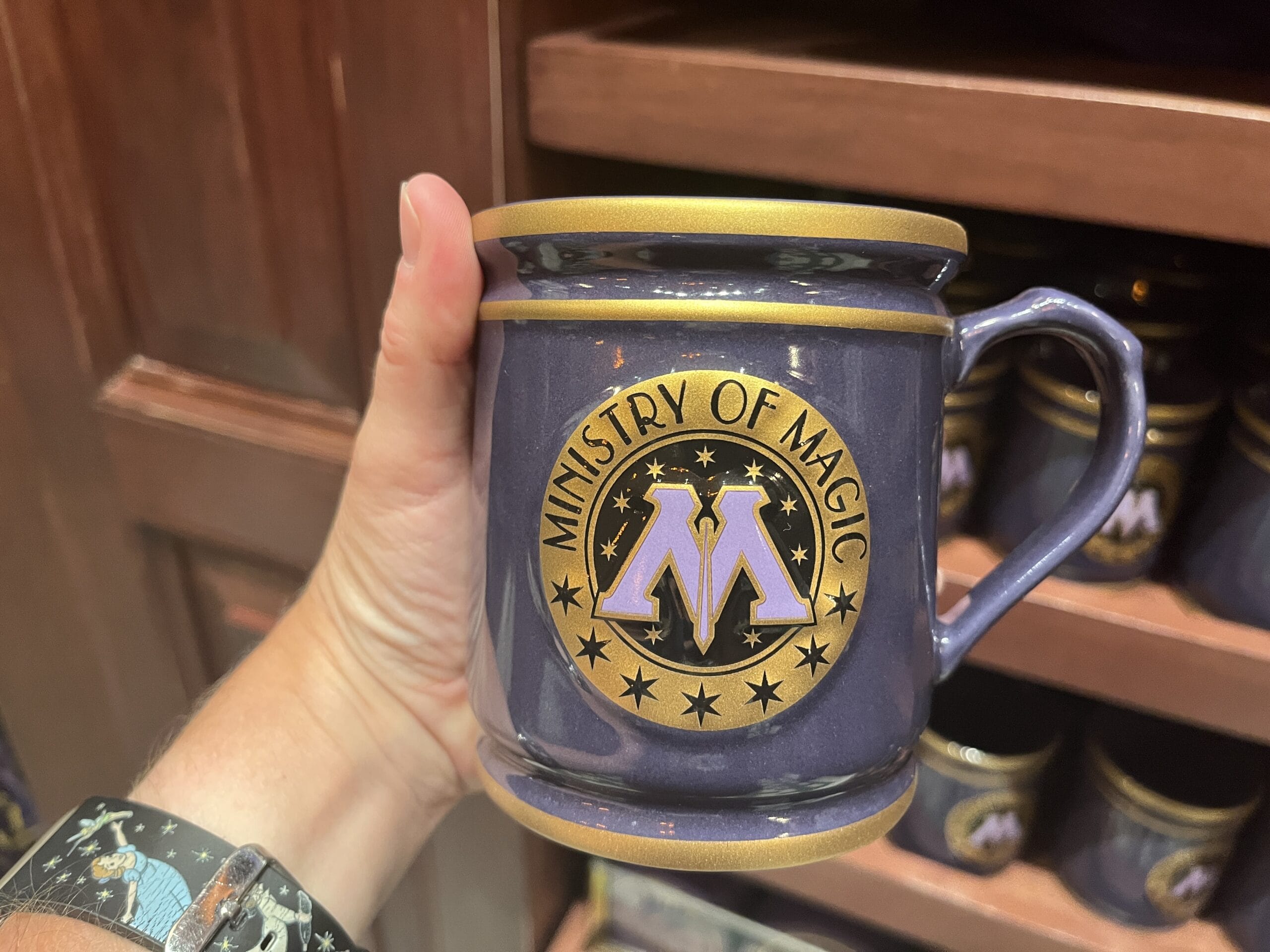 A hand holds a purple Harry Potter merchandise mug with a gold "Ministry of Magic" logo in a store display.