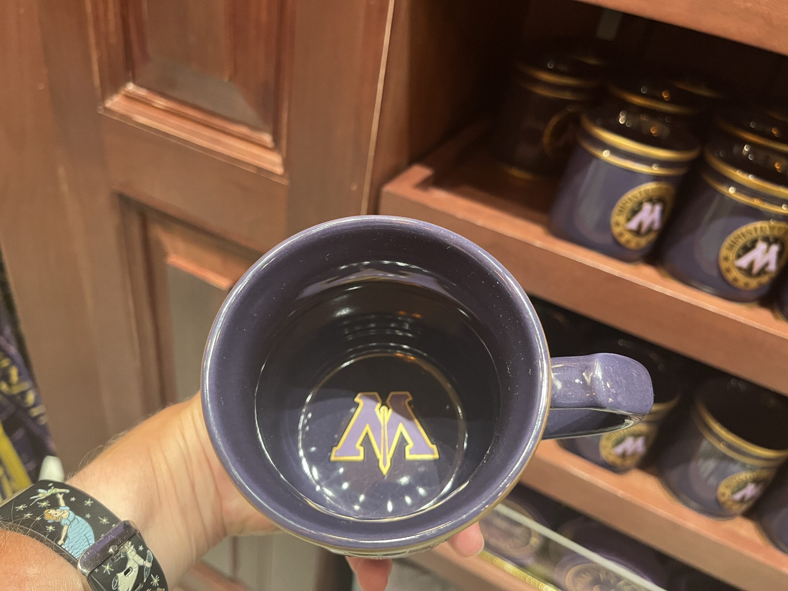 A hand holds a purple mug with a gold "M" logo—magical Wizarding World of Harry Potter merchandise on display.