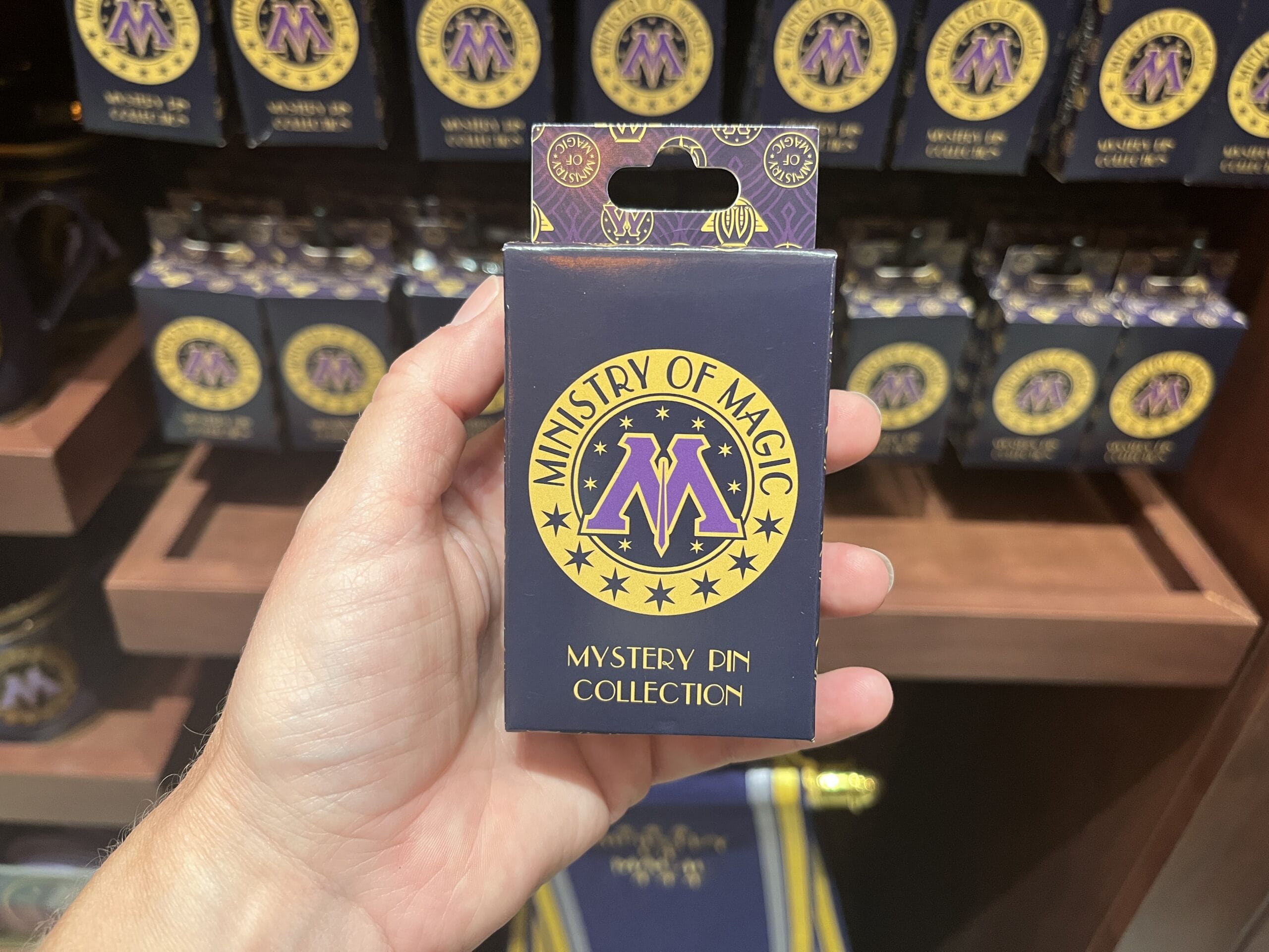 A hand holds a Wizarding World of Harry Potter merchandise box in a store with more boxes in the background.