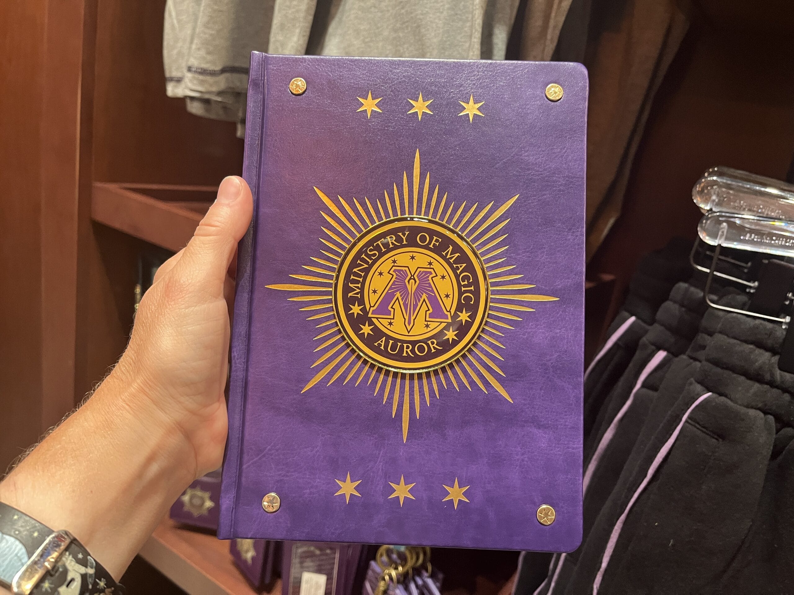 A hand holds a purple notebook with a gold "Ministry of Magic Auror" emblem, perfect Wizarding World Harry Potter merchandise.