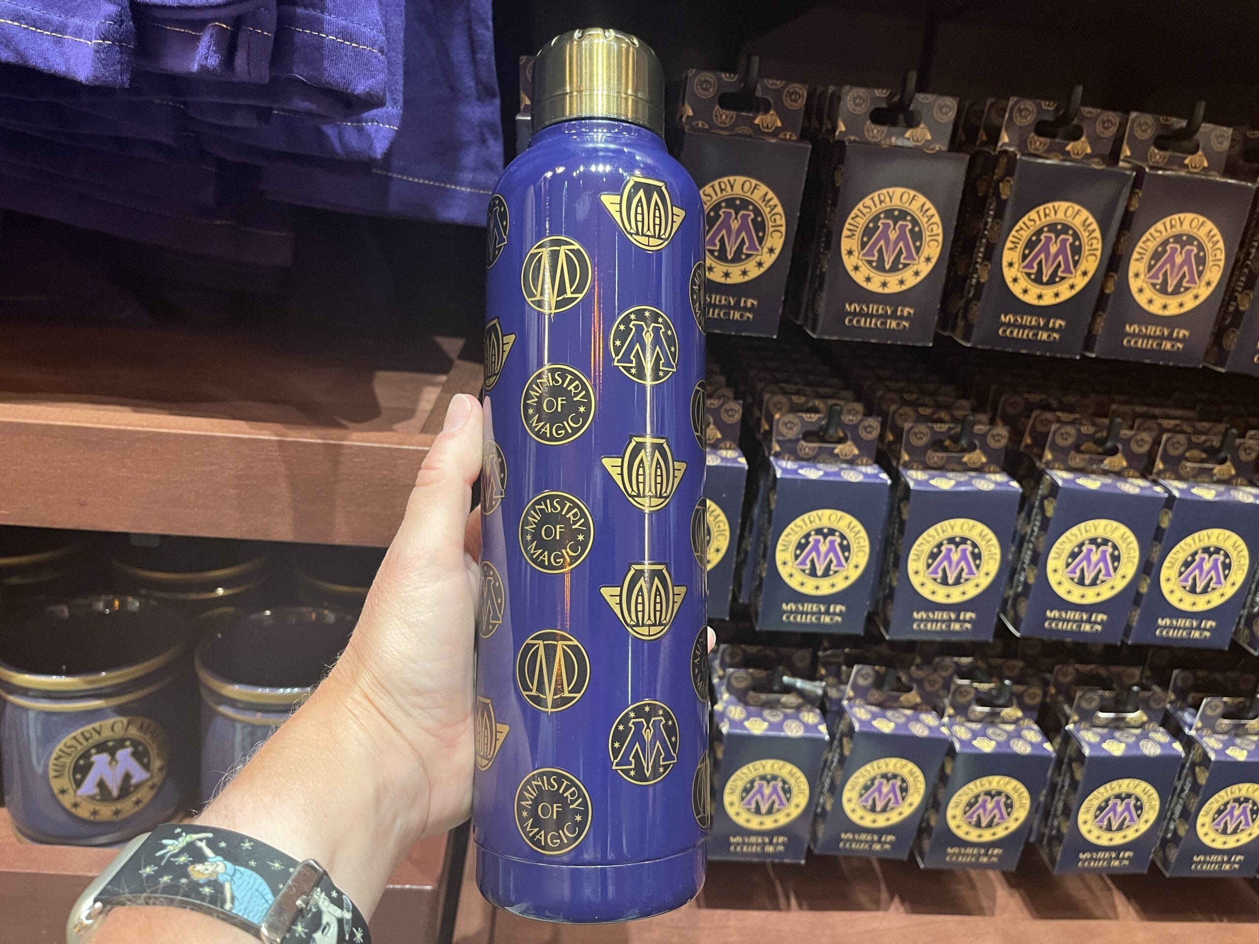 A hand holds a blue "Ministry of Magic" water bottle among Wizarding World of Harry Potter merchandise on display.