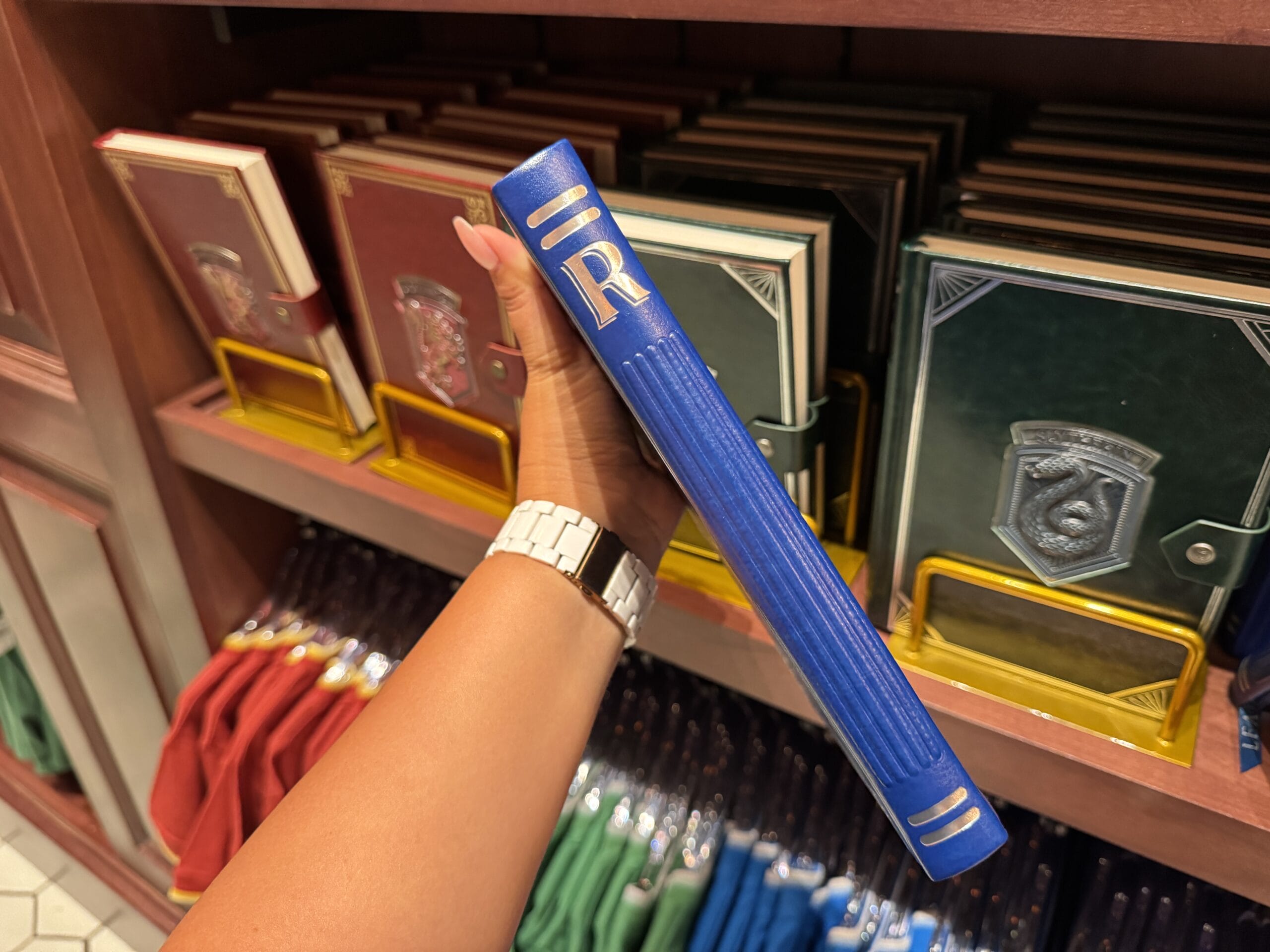 A hand holds a blue book with a silver "R," like Wizarding World of Harry Potter merchandise, before colorful shelves.