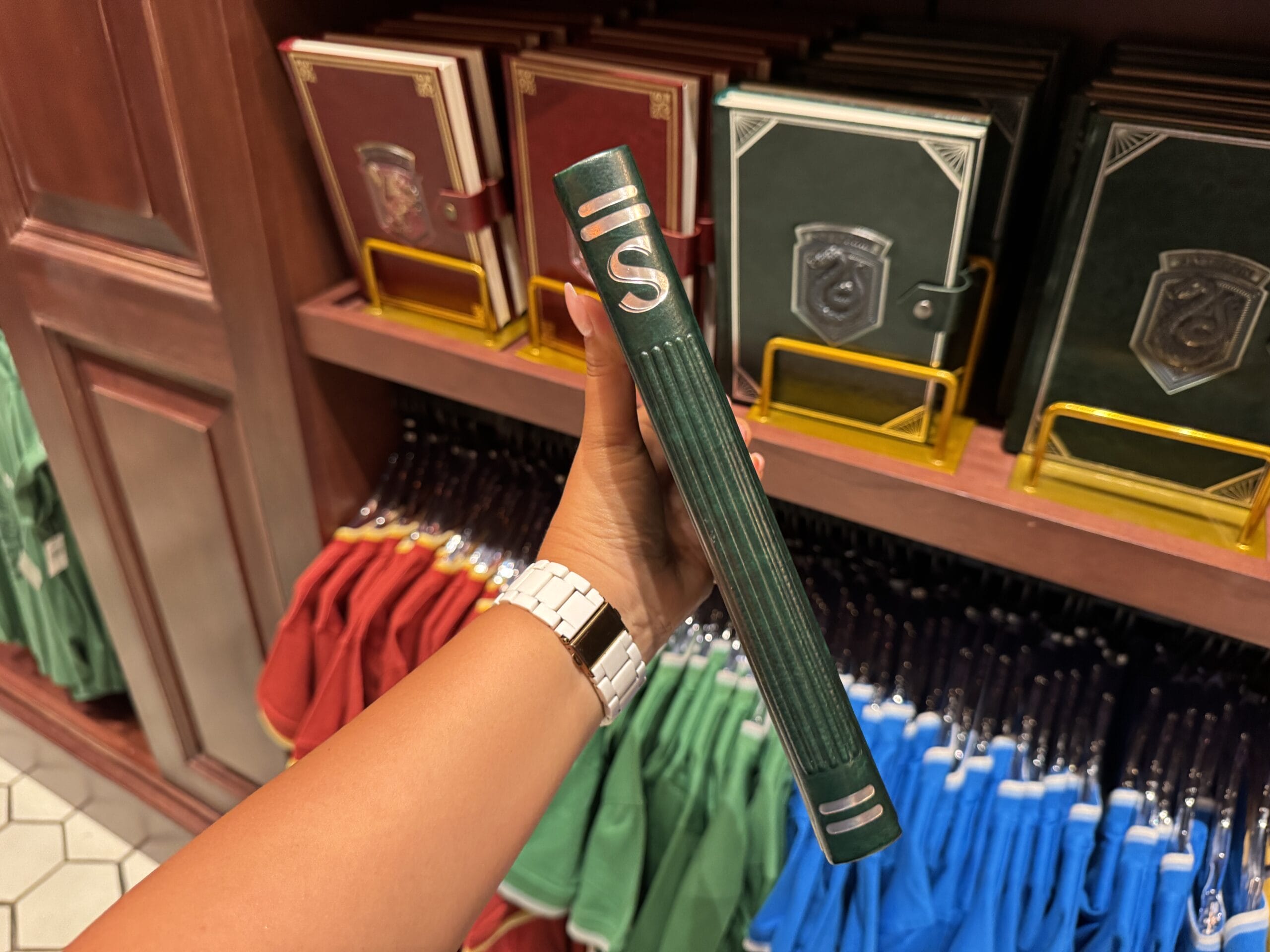 A hand holds a green book with a silver "S" on the spine—perfect Wizarding World merchandise for any epic Harry Potter tour.