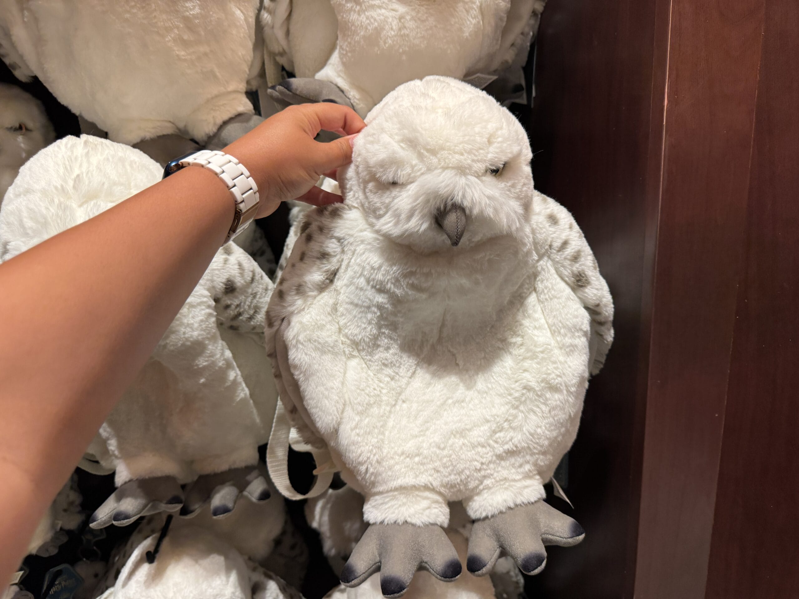 A hand in a white watch pets a plush owl from Tour En Floo merchandise at the Wizarding World of Harry Potter.