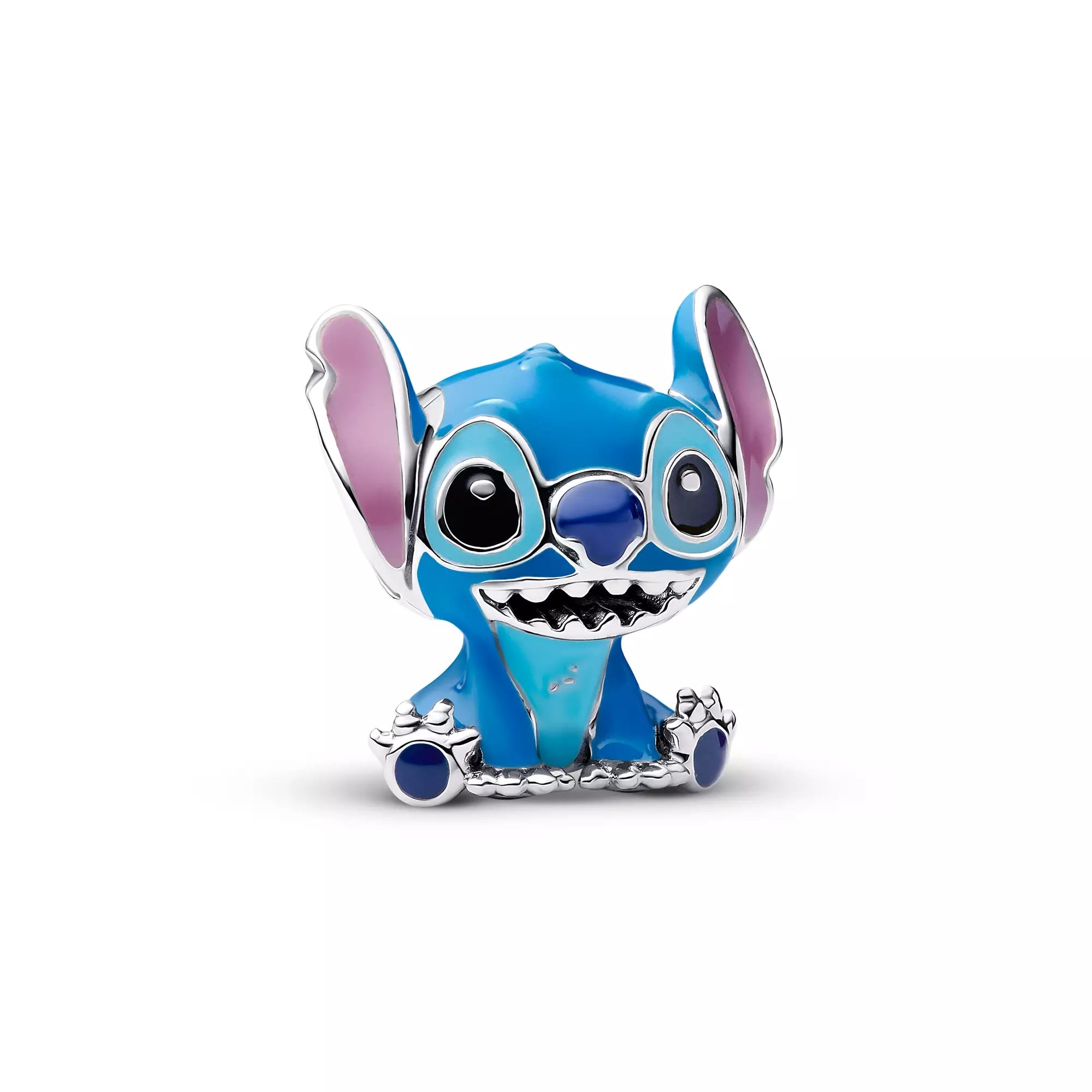 A small, blue, enamel charm shaped like Stitch, the alien from Lilo & Stitch, with large ears and a big smile.
