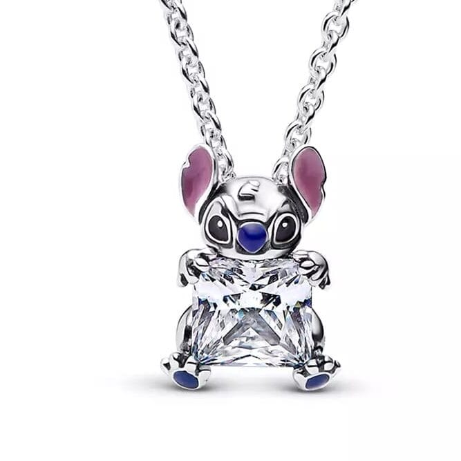 Silver necklace from the New Collection with a Stitch Pandora Jewelry pendant featuring blue eyes and a clear gemstone body.